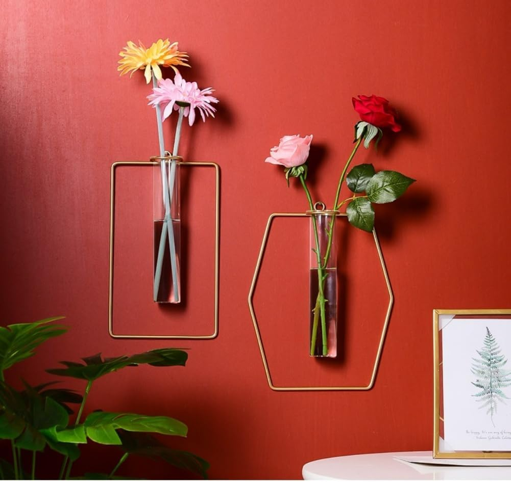 2 Pack Nordic Wall Vase Hanging Geometric Gold Flower Vase Wall Mount Metal Frame Vases Hydroponic Glass Bud Vase Decor for Home Wedding Farmhouse - Gold 2 image number 6