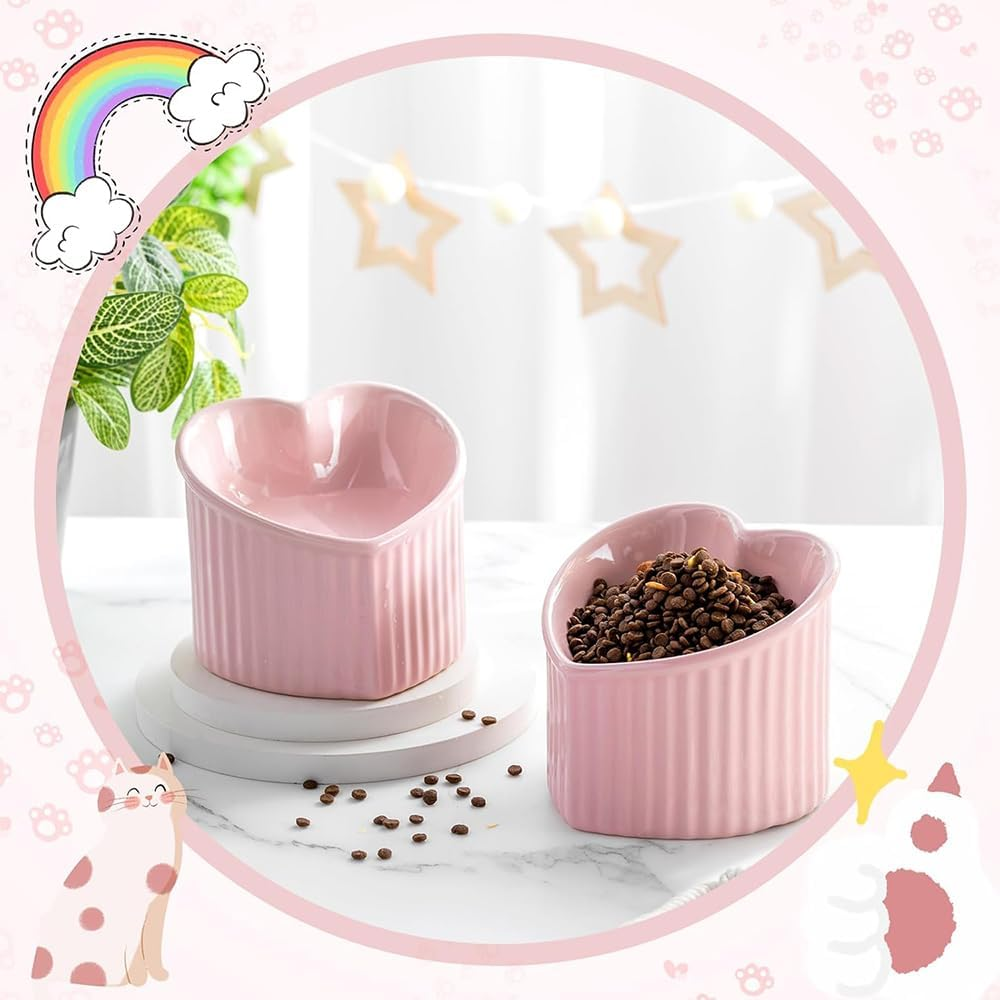 12 CM Raised Tilted Cat Bowls &ndash; 2 Pack Pink Heart-Shaped Ceramic Elevated Feeder Dishes for Small Cats & Kittens, Anti-Vomit Pet Food & Water Bowls, Spine Protection image number 3