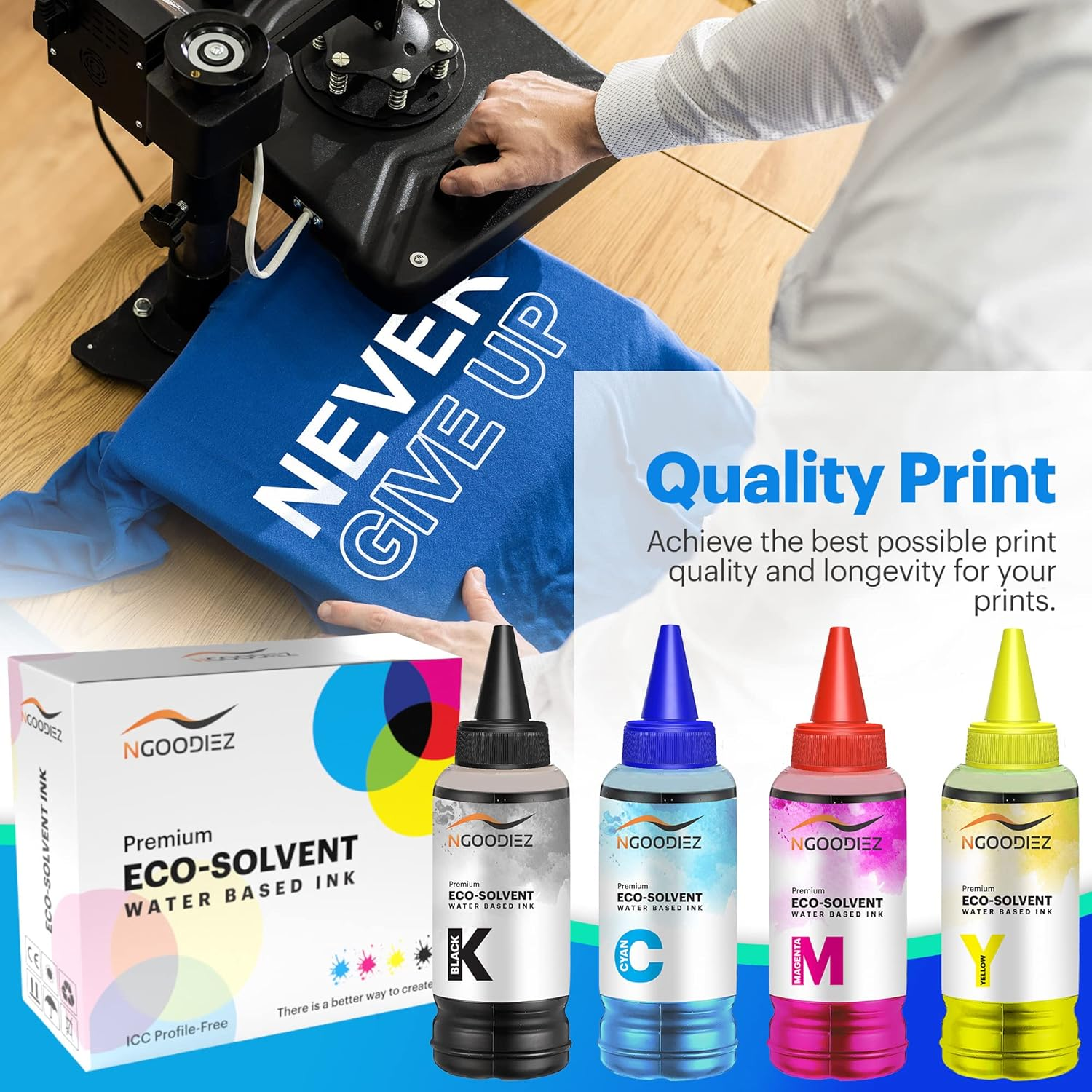 NGOODIEZ Eco Solvent Ink - Water Based Printer Ink, Fast Drying Refill Ink Bottle for Epson Ecotank, & WF Series Printers - Ideal for HTV, Vinyl Stickers, Decals, T-Shirts, Mugs (1B/1C/1Y/1M, 400Ml)
