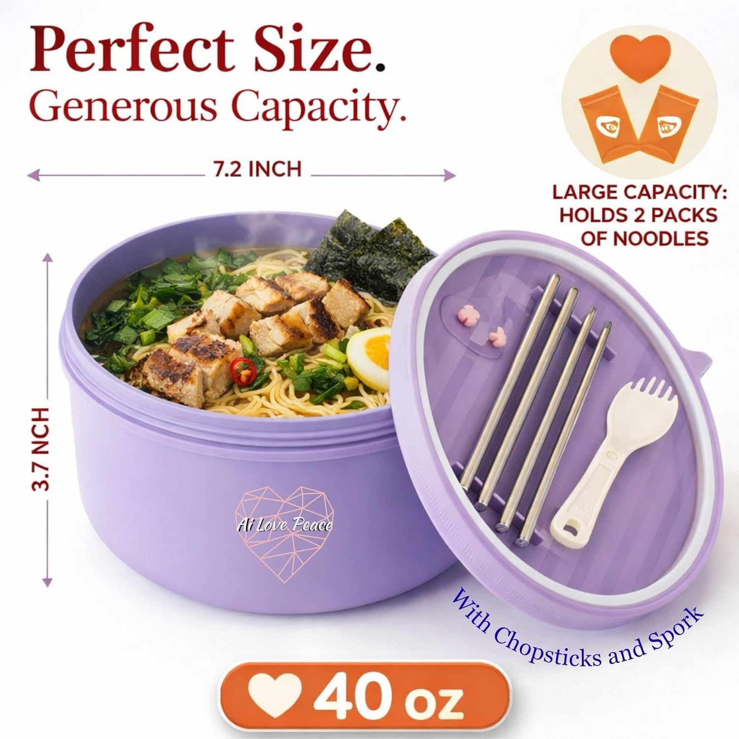 Ai Love Peace Ramen Bowl, 40 Oz Microwaveable Noodle Cooker for Ramen, Pho, Soup, and Pasta, Dishwasher Safe and Portable, Ideal for Home, Office, Dorm, or Gift (Purple) image number 4