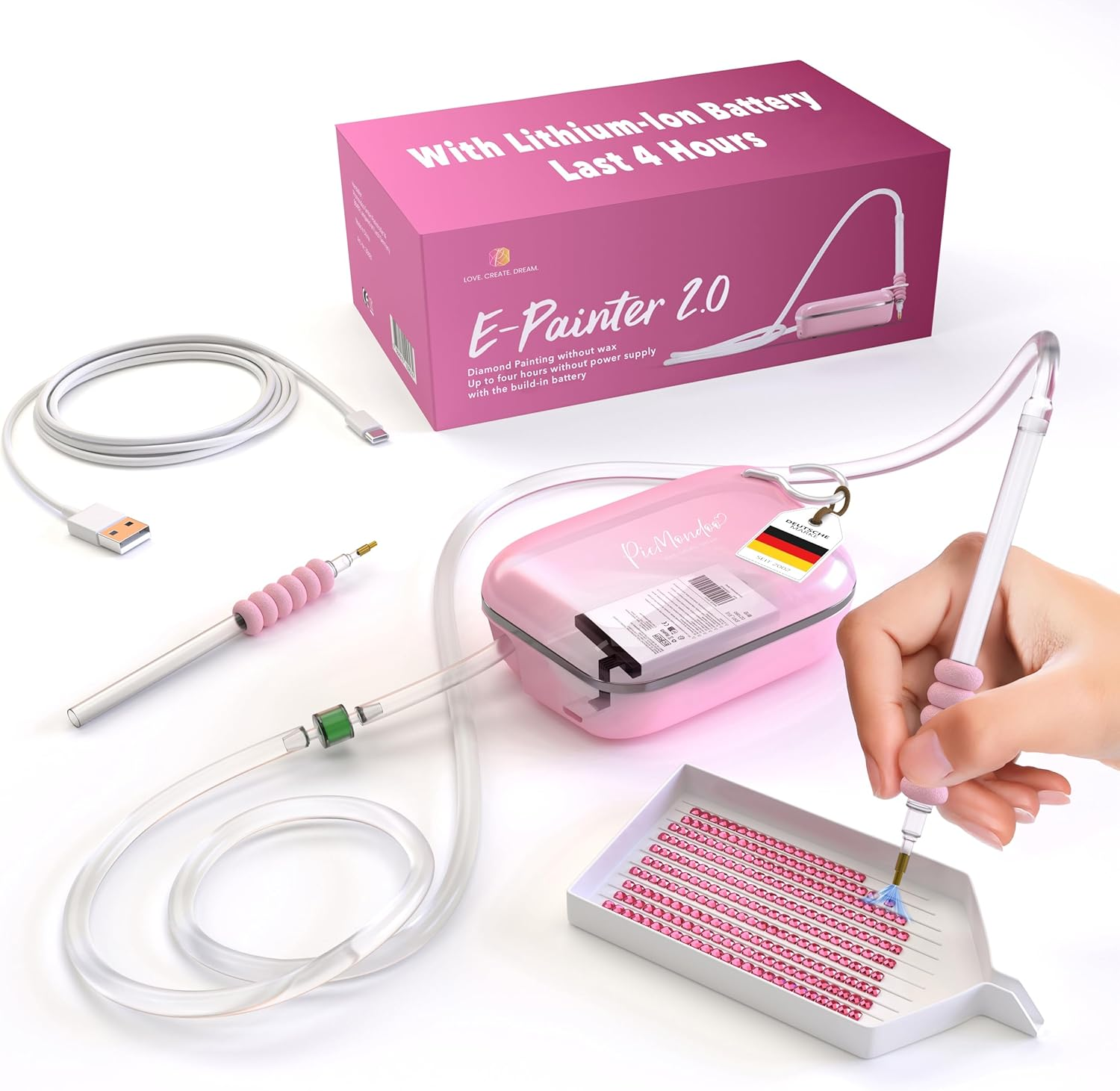 Picmondoo - Pink Wireless Diamond Painting Pen - E-Painter with Vacuum Pump - AB Stones Setting - Adults, Non-Foldable