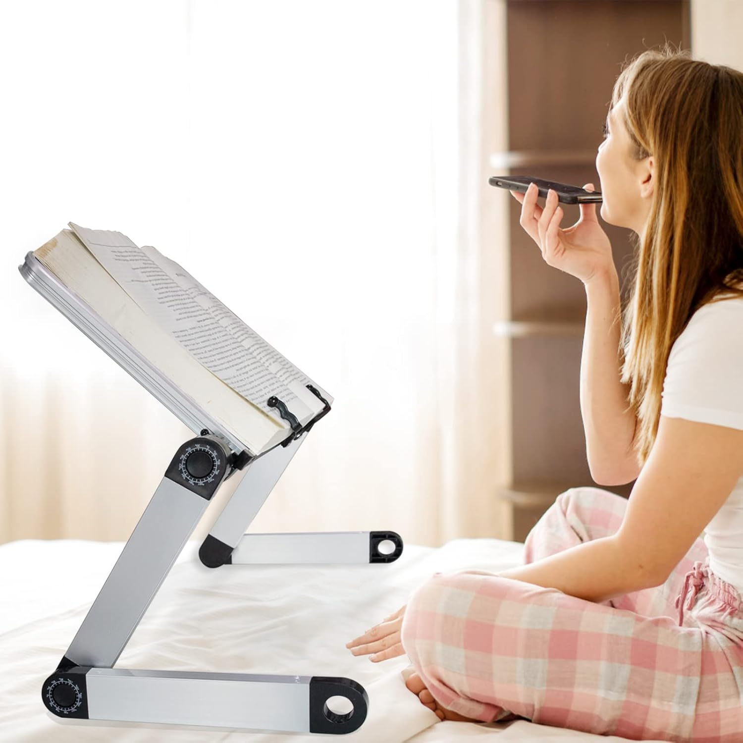 Adjustable Book Stand, Height and Angle Adjustable Ergonomic Book Holder with Page Paper Clips for Big Heavy Textbooks Music Books Tablet Cook Recipe Durable Lightweight Aluminum Book Holder Foldable image number 1