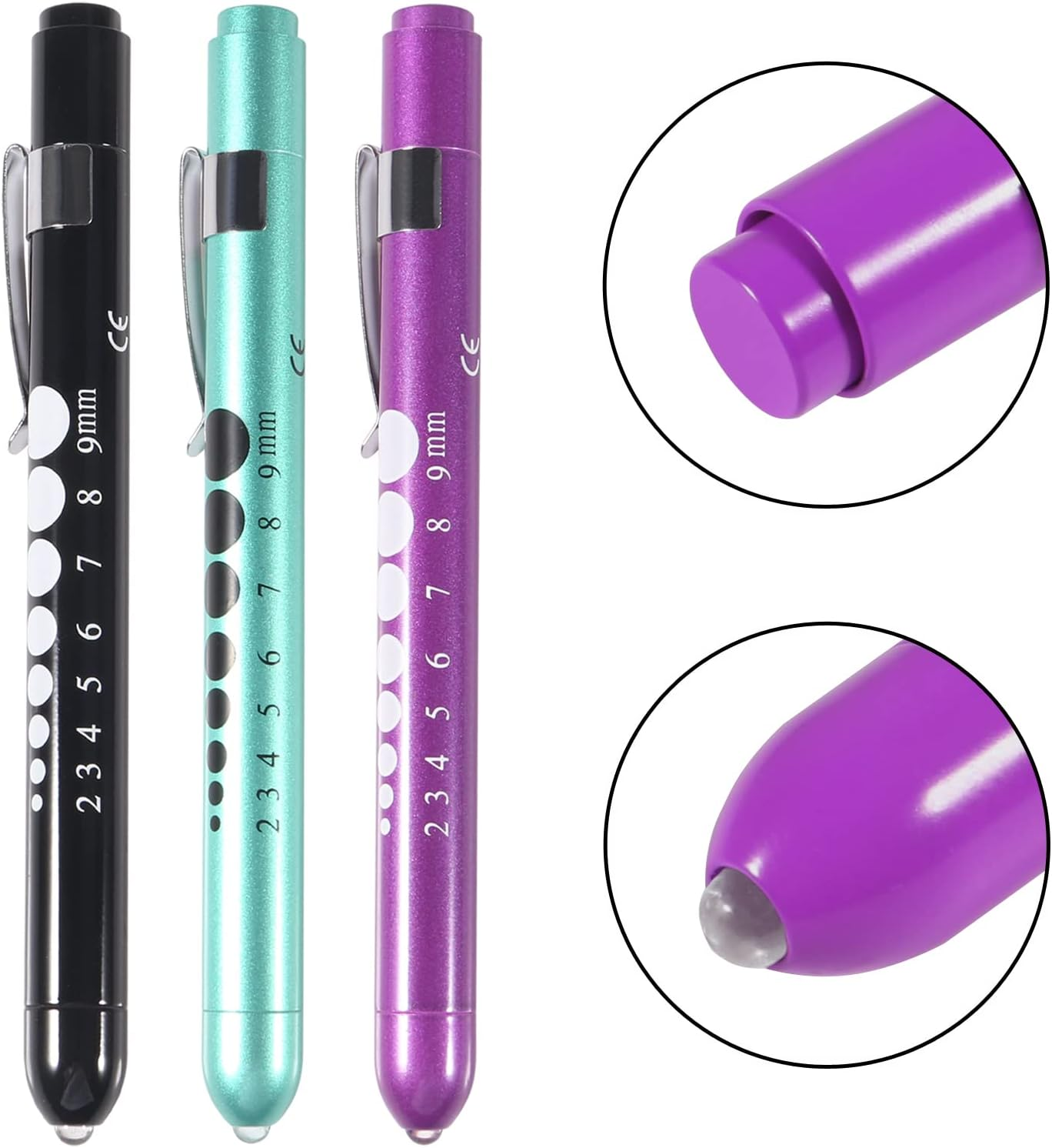 3Pcs Pen Light,Nurse Medical Reusable LED Penlight White Light with Pupil Gauge and Ruler (Black + Purple + Teal) image number 1