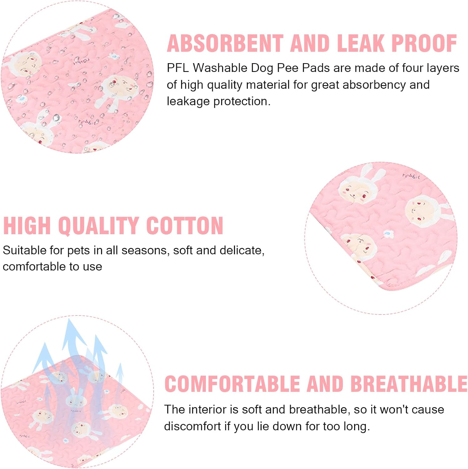 2 Pcs Washable Pee Pads for Dogs,Reusable Dog Training Pads Non-Slip Puppy Pads,Ultra-Absorbent Dog Whelping Pads for Playpen Travel Crate Training (50*70 Cm, Pink) image number 3