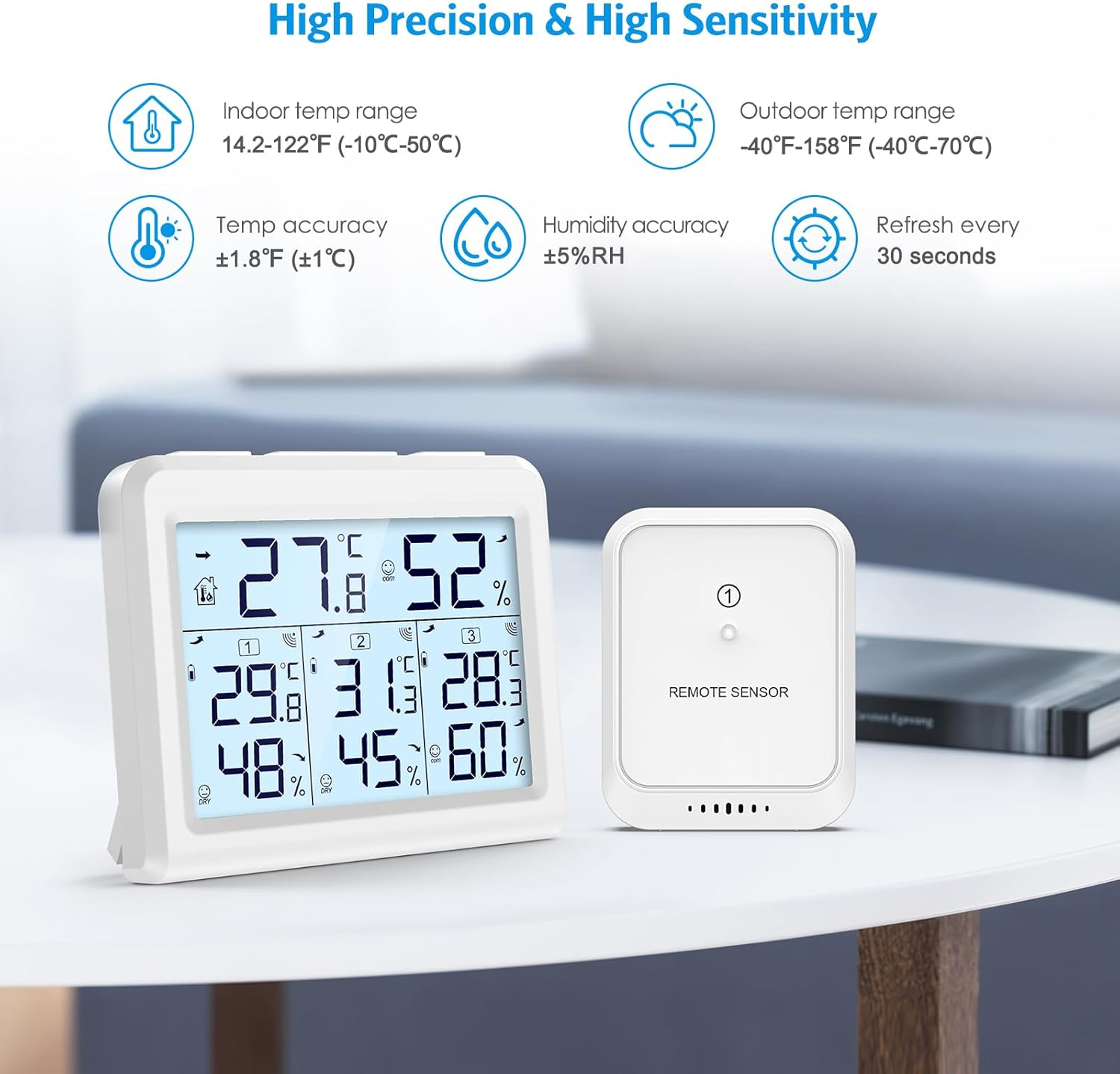 AMIR Indoor Outdoor Thermometer, 3 Channels Digital Hygrometer Thermometer with 3 Sensor, Temperature Humidity Monitor with LCD Display, Wireless Humidity Gauge for Home, Baby Room image number 1