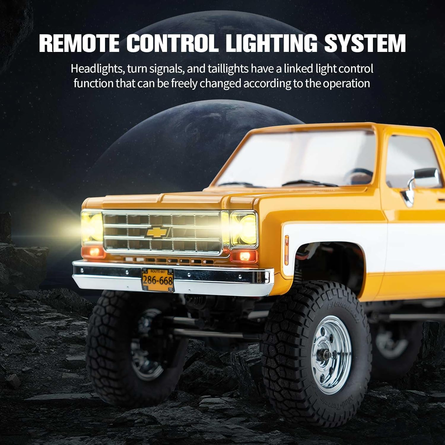 FMS 1/18 Chevrolet K10 RC Truck FCX18, Officially Licensed 4WD 2.4Ghz RC Crawler 2 Speeds Switch with 900Mah Battery and LED Lights, Off-Road RC Model for Adults (Yellow) image number 2
