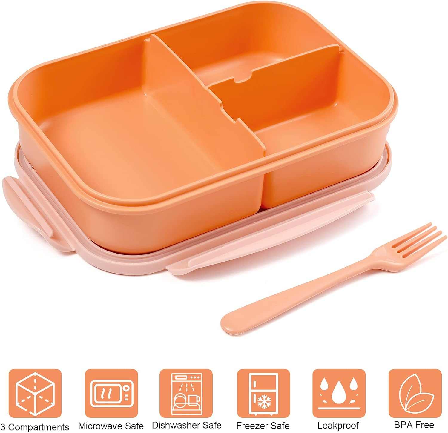 Jeopace Bento Box for Adults, 3 Compartments, Leakproof, Microwave Safe, BPA Free, Orange image number 4