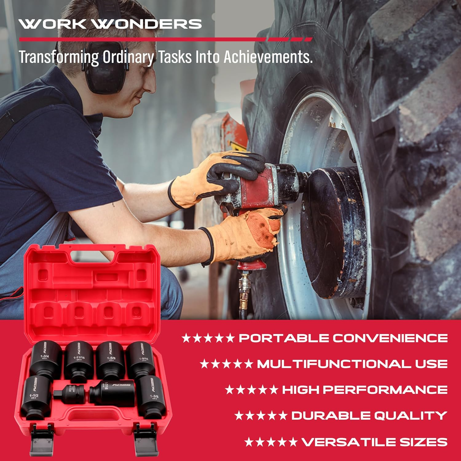 SAE Deep Impact Socket Set 8-Piece 1/2-Inch Drive Wheel Axle Nut Wrench Large Sockets Standard Adapter 1-11/16 1-9/16 1-3/8 1-7/16 1-1/2 1-5/8 1-3/4 Imperial Spindle Joint Torque Bearing Locknut Truck image number 6