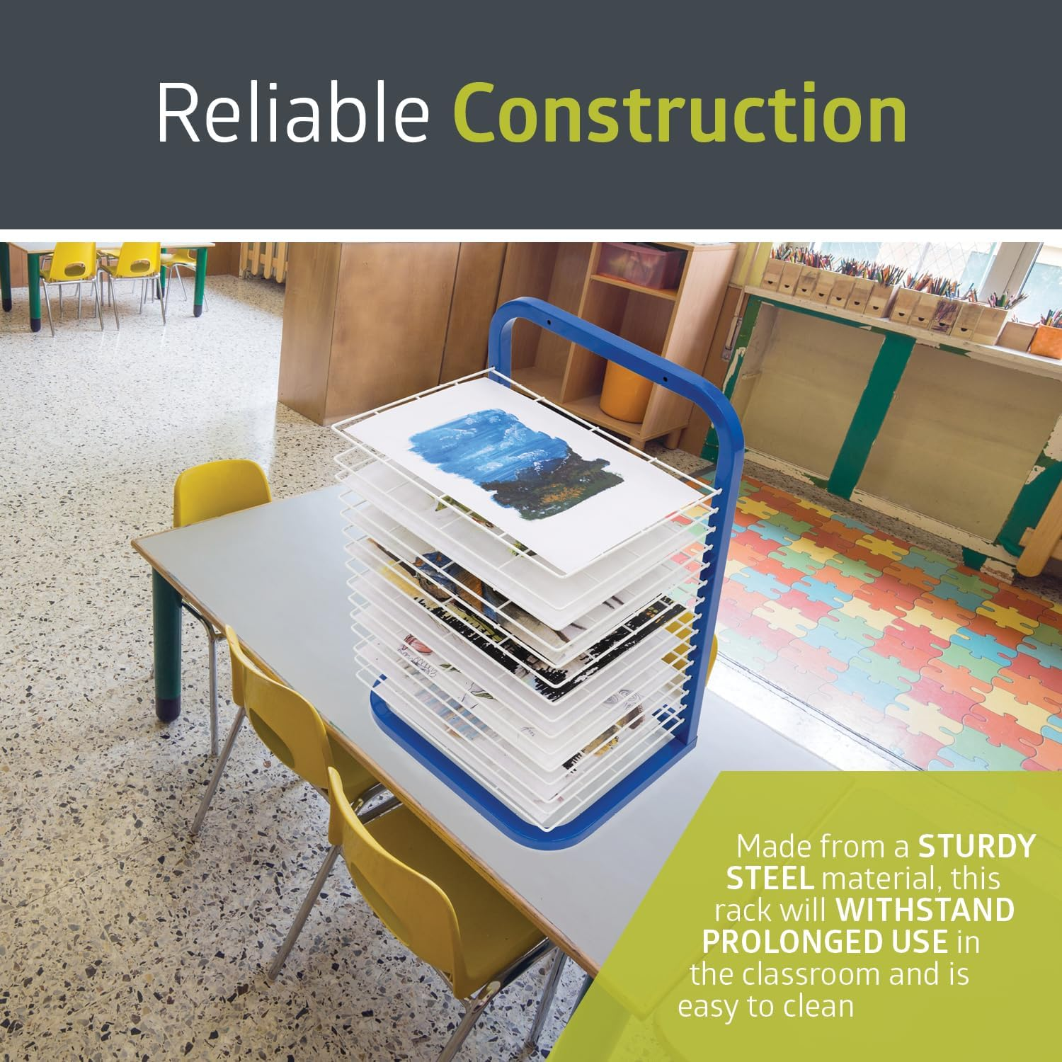 Pearington Tabletop or Wall Mount 15-Shelf Art Drying Rack, Heavy-Duty Steel Space-Saving Art Rack for Classrooms and Art Studios, Blue image number 4