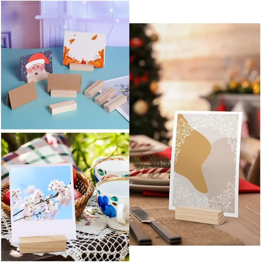 30 Pieces Wood Place Card Holders,Wood Sign Holders Table Number Stand, Table Number Holders Stands with Brown Paper Cards, for Table Number Signs, Wedding Party Events Display Name Card Photo Memo image number 1