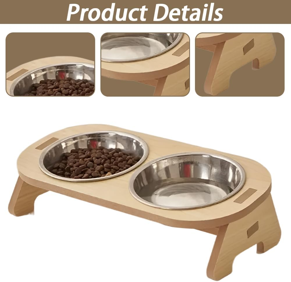 Elevated Cat Bowls Raised Cat Food Bowls, 15&deg;Tilted Stainless Steel Cat Bowls for Cats Puppy Small Dogs, Wooden Cat Food and Water Bowl Stand Feeder