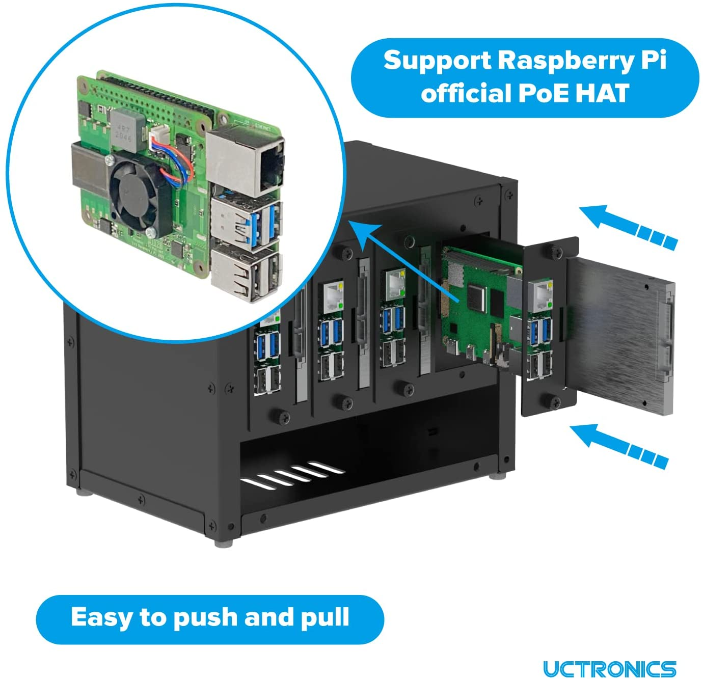 UCTRONICS Upgraded Complete Enclosure for Raspberry Pi Cluster, with 4 Removable Mounting Brackets for Pi 4B, 3B+/3B, and Other B Model and 2 Cooling Fans,Support 4 2.5" SSD and Switch image number 1