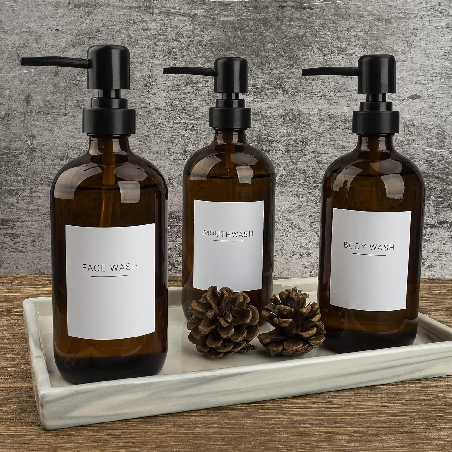 Set of 3 Amber Glass 16.9Oz Soap Dispensers with 22 White Labels Bathroom Liquid Bottle Container with Black Pump image number 2