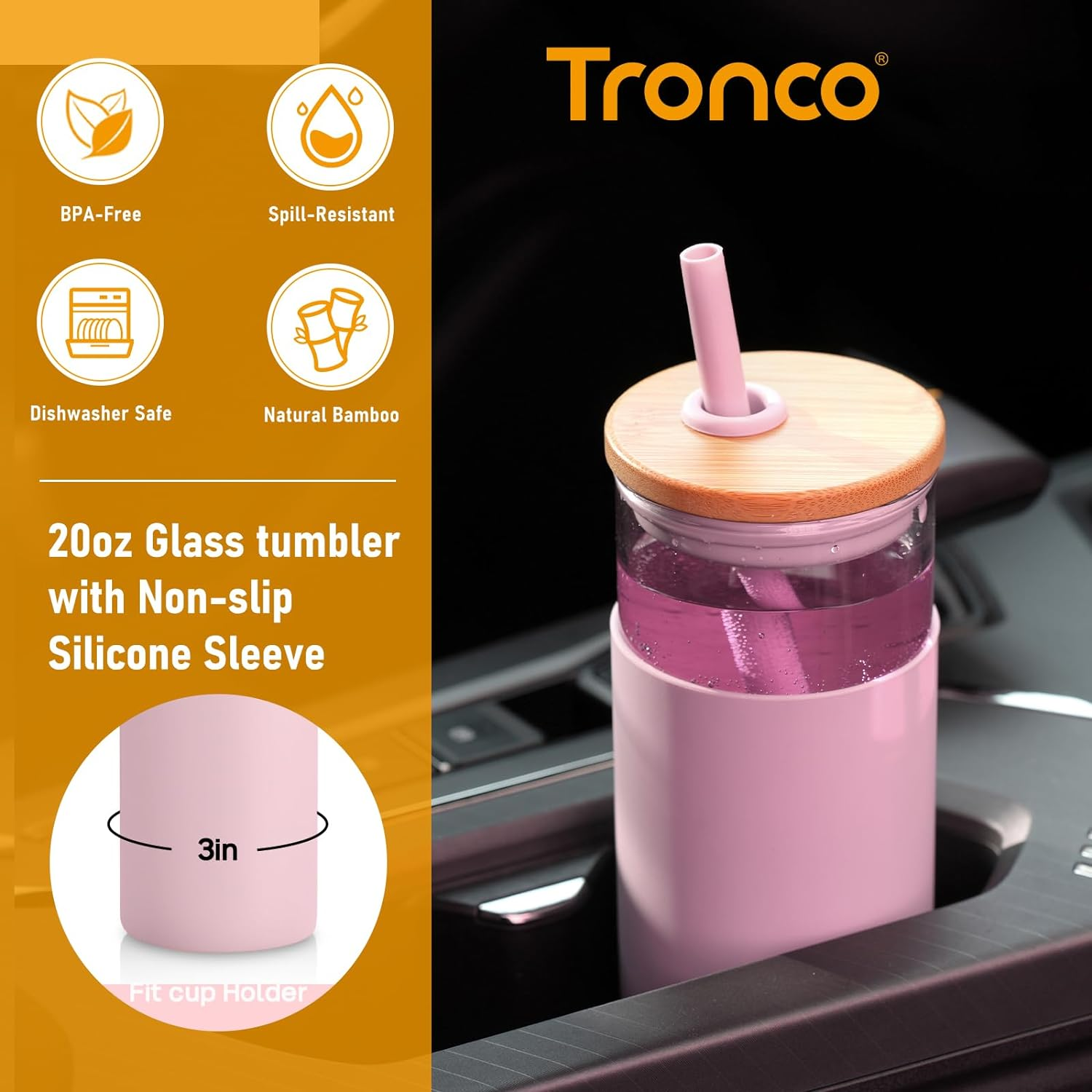Tronco 20Oz Glass Tumbler Glass Water Bottle Straw Silicone Protective Sleeve Bamboo Lid - BPA Free, White image number 7