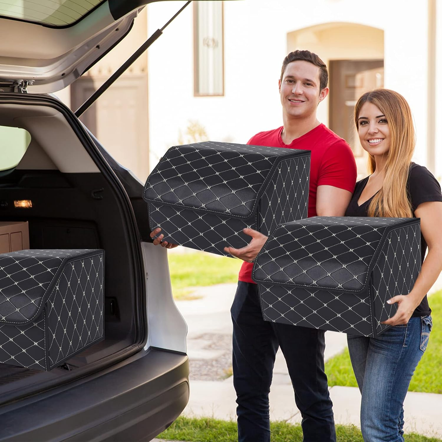 Car Trunk Organizer Multipurpose Leather Cargo Storage Box for Sedan SUV RV, Durable Collapsible Adjustable Auto Compartments Trunk Organiser (Black-Medium-Set of 1Pcs) image number 1