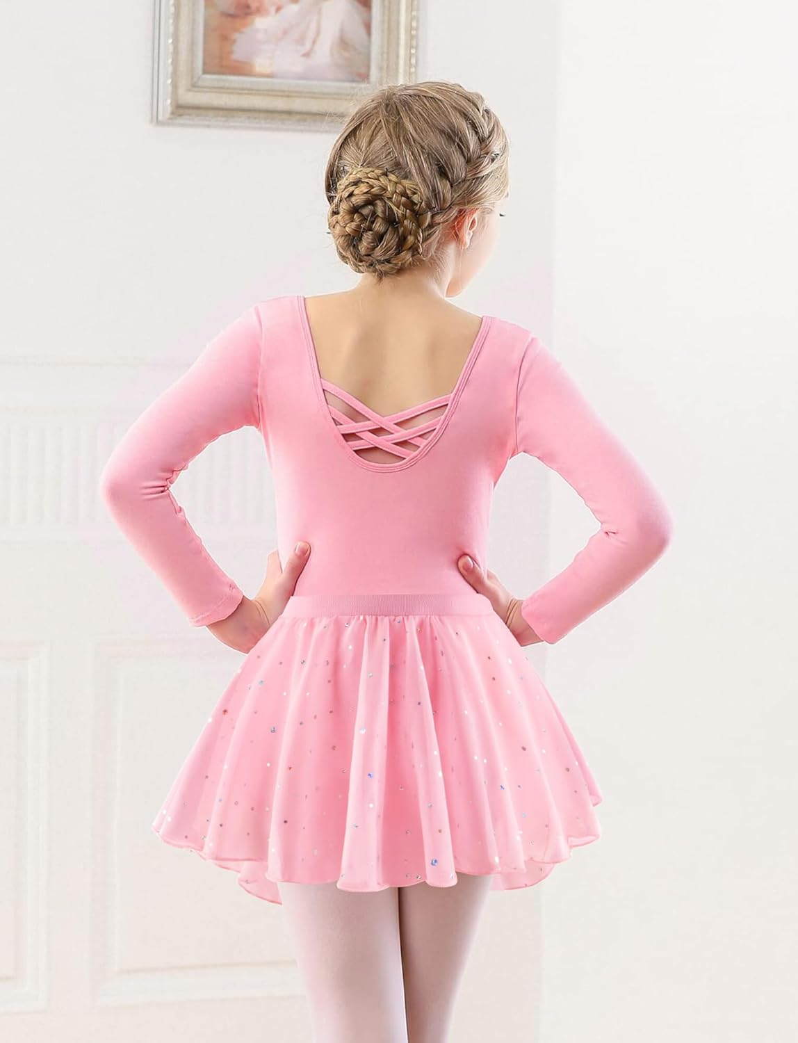 KEOYA Girls Dance Leotards Long Sleeve Ballet Outfits Dance Skirted Leotard Kids Ballet Tutu Dress for 3-11 Years image number 3