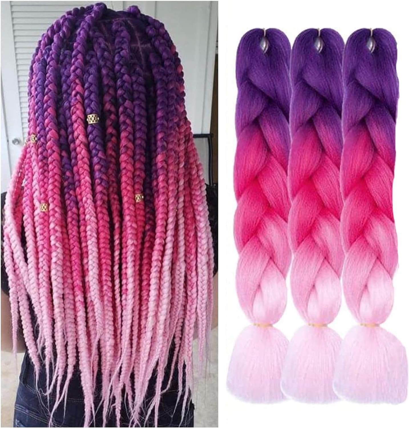 Jumbo Braiding Hair Extensions,24Inch/60Cm 3 Packs High Temperature Fiber Crochet Twist Braids Crochet Braiding Hair Purple/Rose Red/Pink(C6) - A1 image number 5