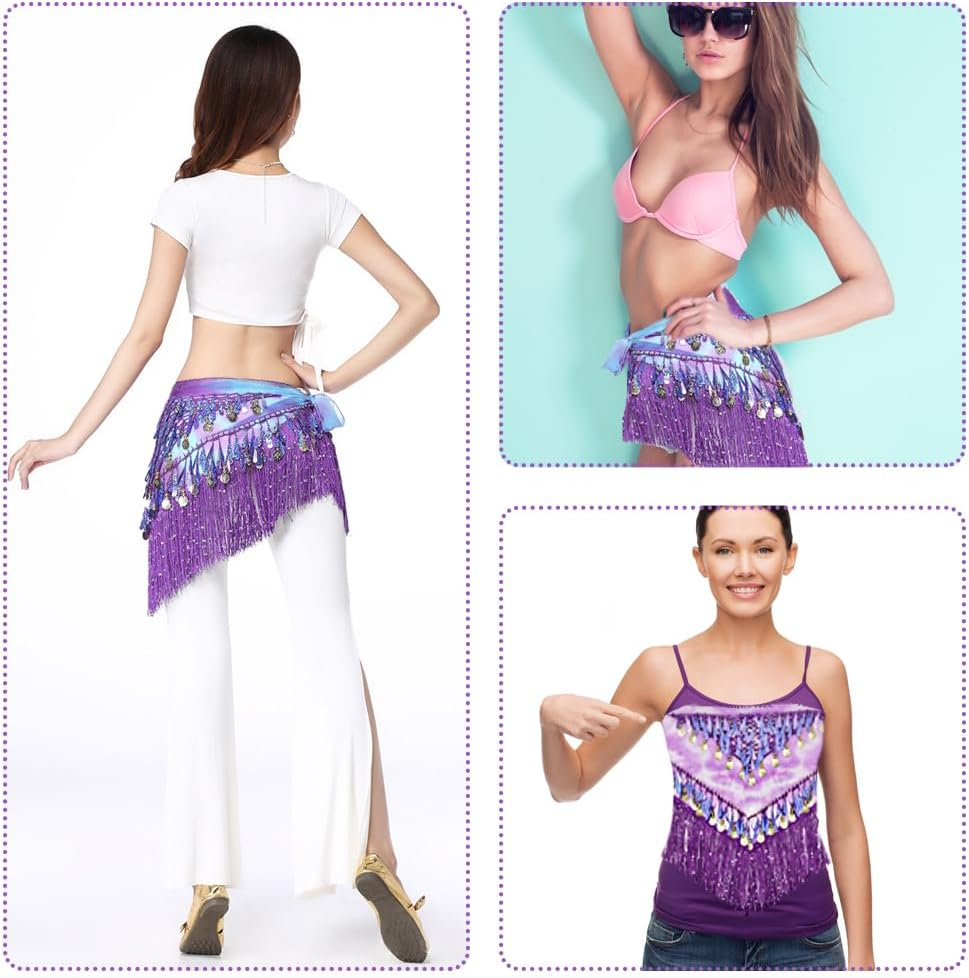 LZYMSZ Belly Dance Hip Scarfs,Girls/Women'S Wave Shape Skirts Wrap with Sequin,Purple Chiffon Tassel Skirt Waist Costume Belt for Festival Club Summer Beach Dance image number 4