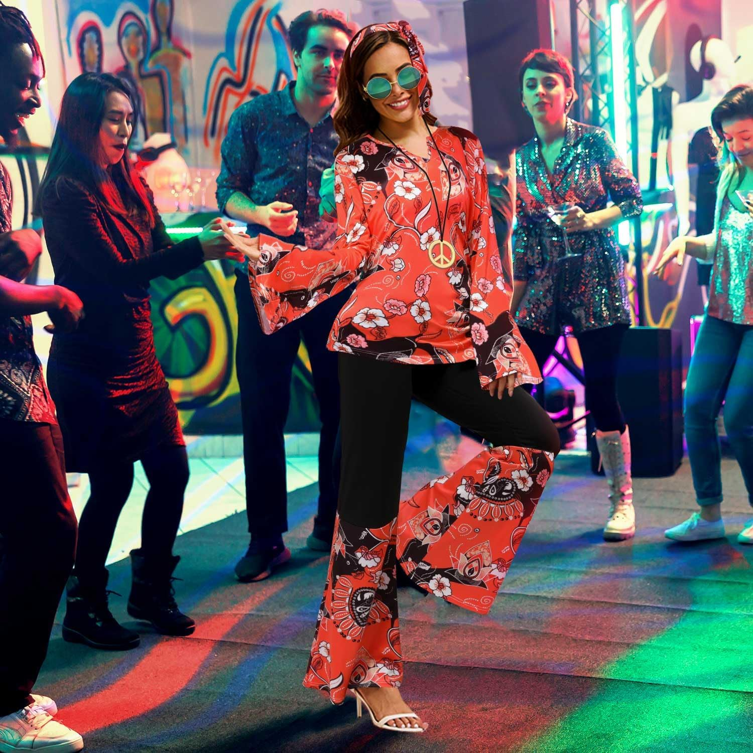 AUTOWT 7Pcs 60S 70S Outfits Womens Hippie Costume Set, Disco Hippie Outfit Dress Boho Flared Pants Hippie Shirt with Sunglasses Headband Earrings Necklace for Adults Halloween Cosplay image number 3