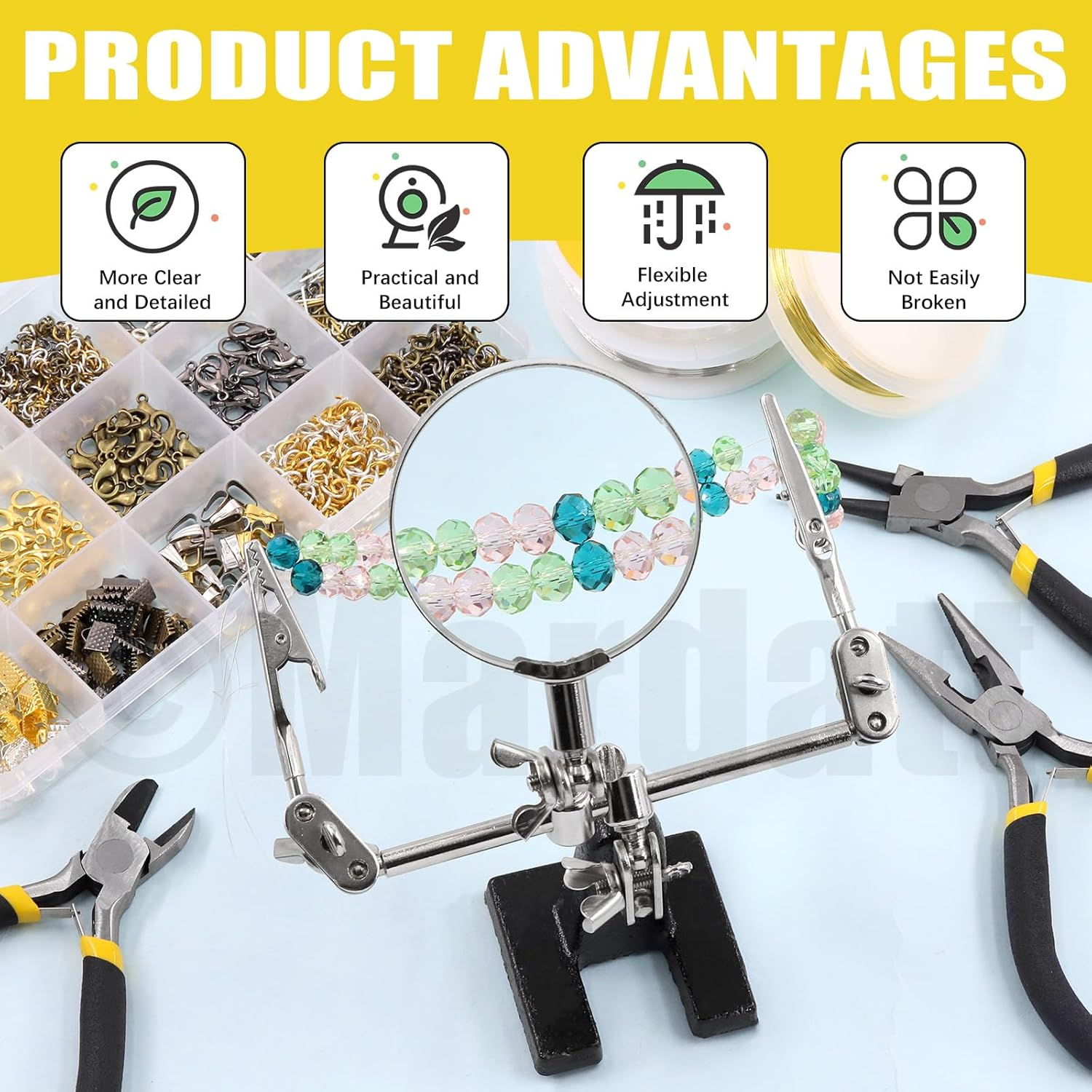 Mardatt 1488Pcs Jewelry Making Supplies Kit Includes Magnifying Glass, Pliers, Wires, Chain, Jump Ring Opener and Tweezers Accessories for Repair Silver M1036 image number 3