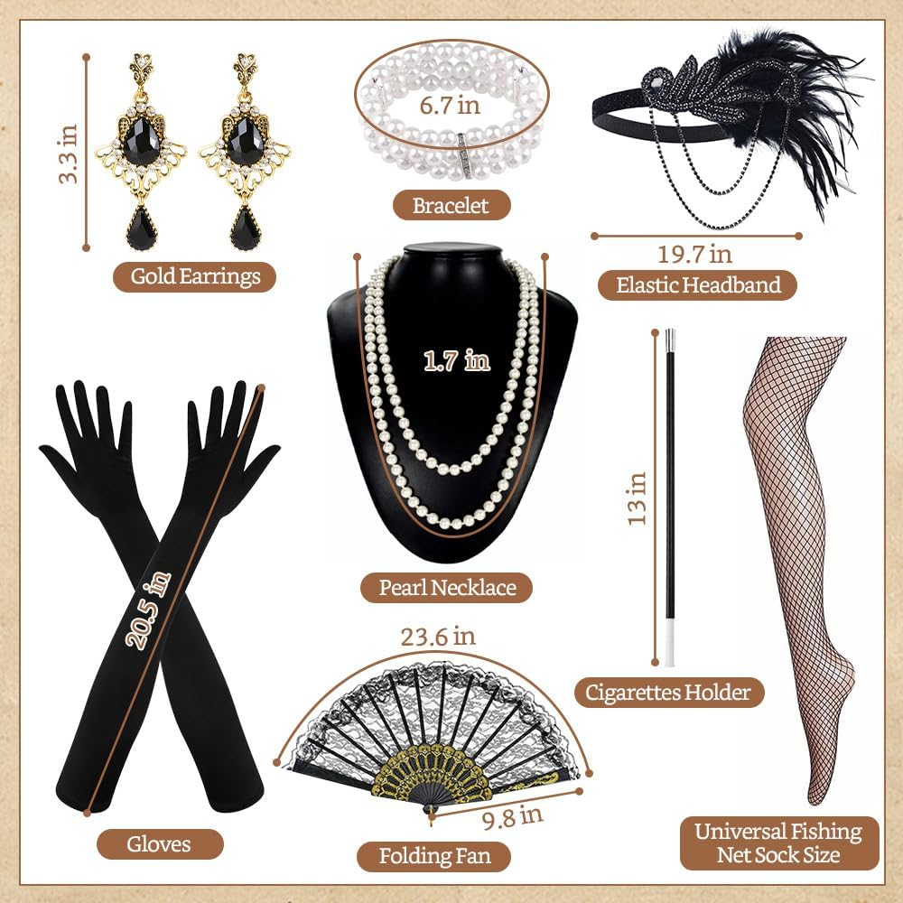 WOTOW 1920S Great Gatsby Accessories for Women - 9PCS Roaring 20S Gatsby Costume Set with Shawl Flapper Headband Necklace Extendable Plastic Holder Gloves Earrings Stockings for Party Halloween image number 1