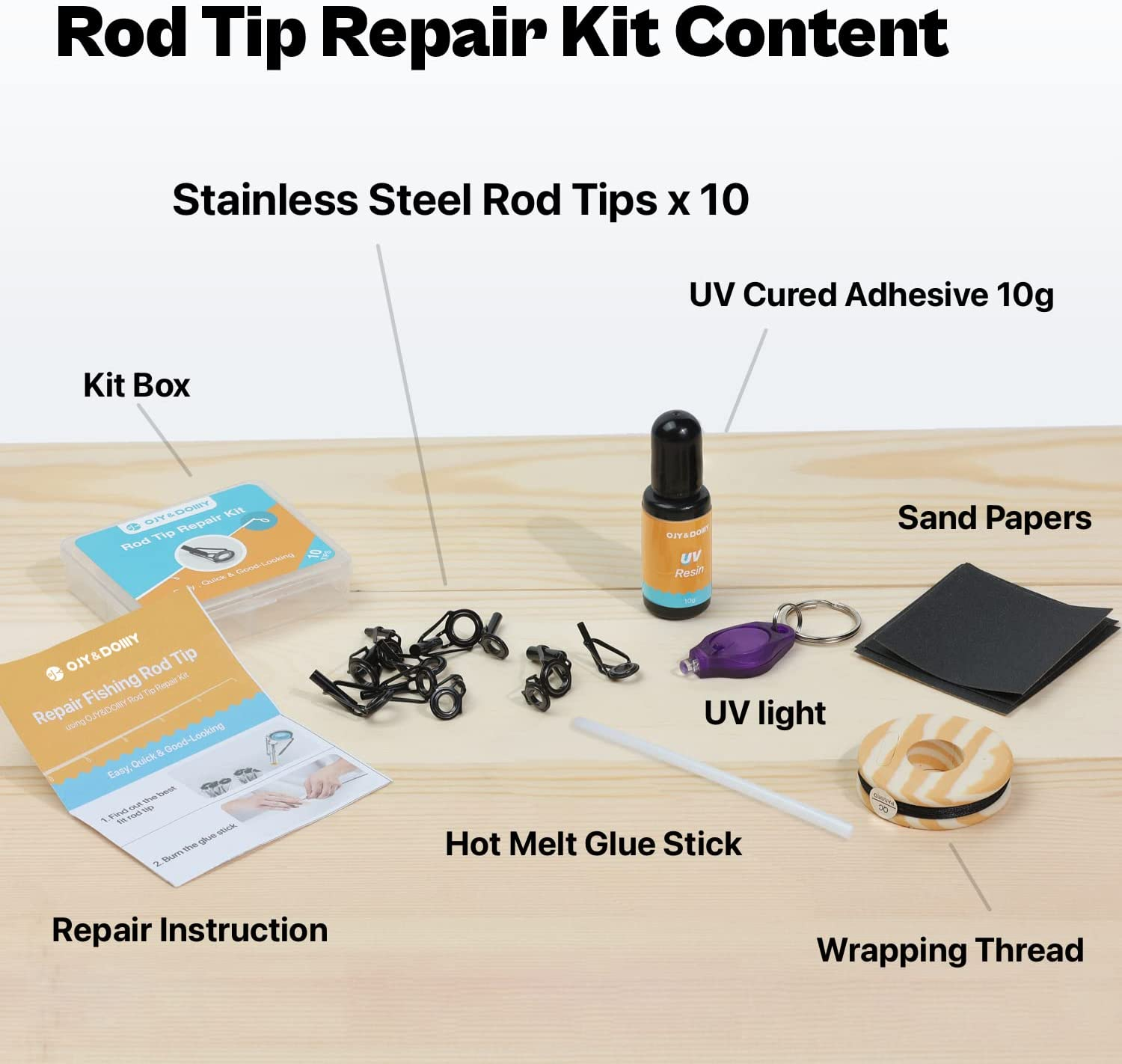 OJY&DOIIIY Fishing Rod Tip Repair Kit with Glue,Complete Supplies for Fishing Pole Tip Replacement with Fishing Rod Epoxy,Tip Top Eyelets and Wrapping Thread image number 1