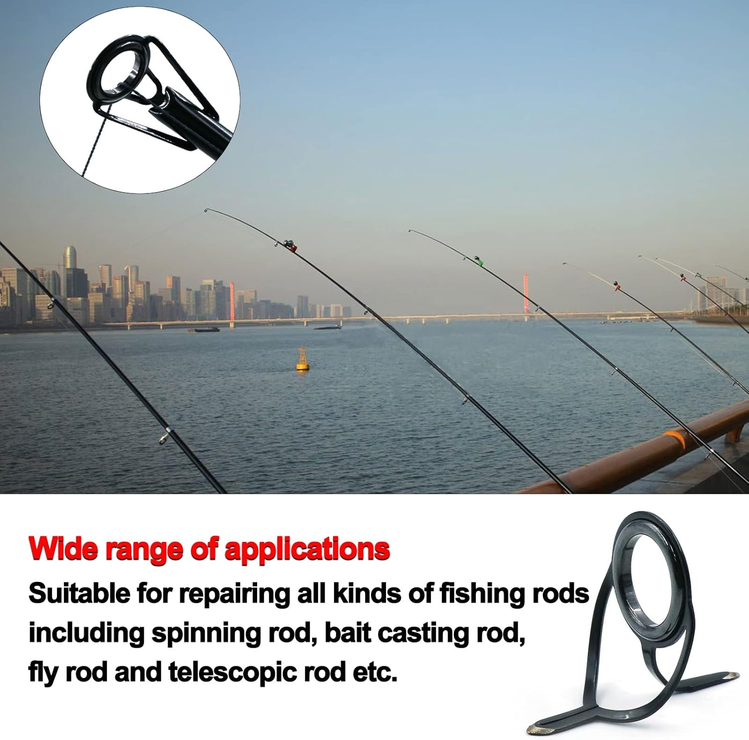 Fishing Rod Guide Repair Kit 10 Sizes Rod Tips Guide Repair Kit with Ceramic Ring Double Foot Pole Guide Replacement Kit - Black,Black Epoxy image number 3