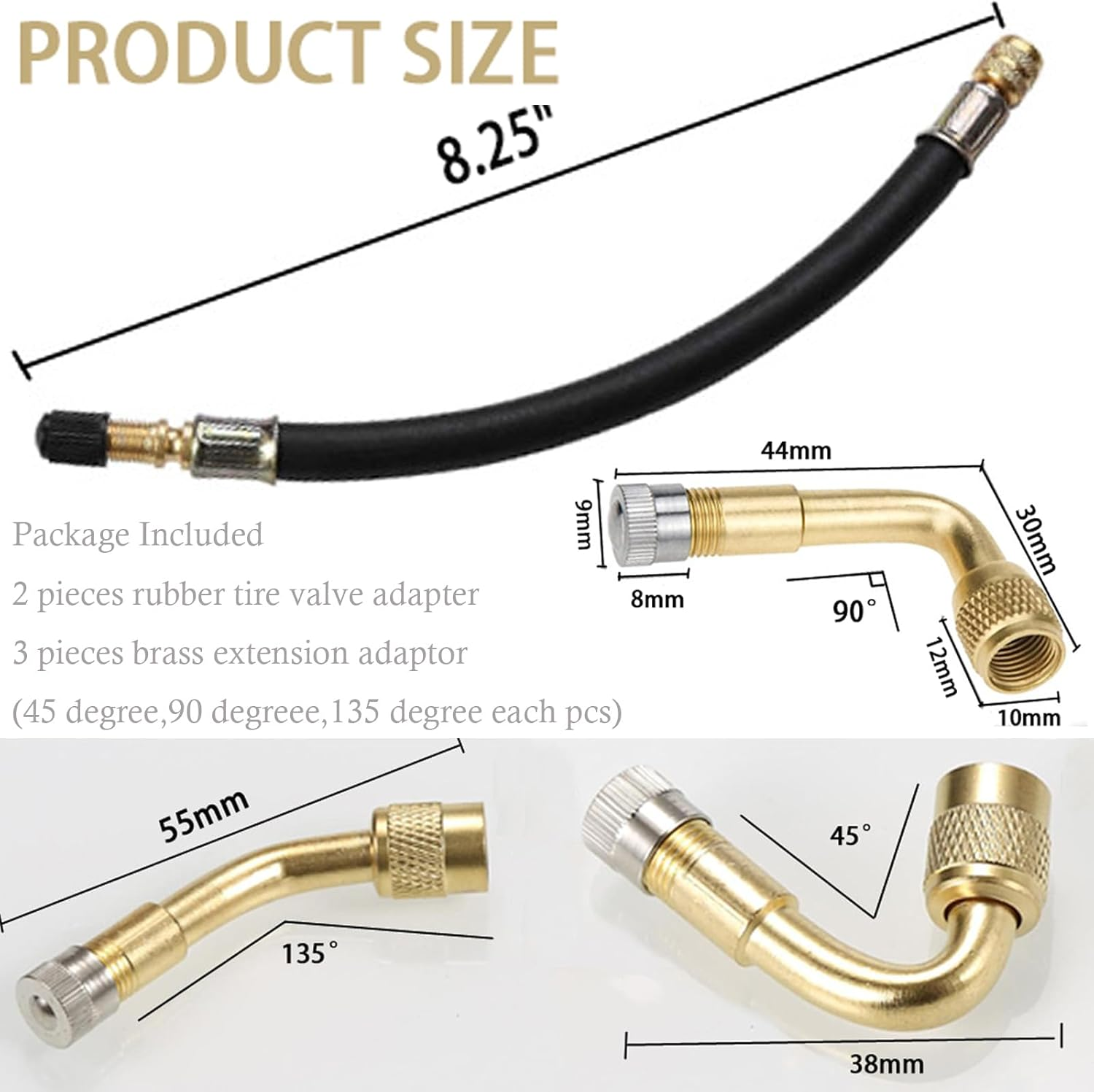 5 Pack Tire Valve Extension, 2Pcs 8.25 Inch Flexible Valve Stem Extenders with Brass 45 90 135 Multi Degree Schrader Tire Valve Stem Extension Adaptor Compatible for RV Bike Motorcycle Car image number 2