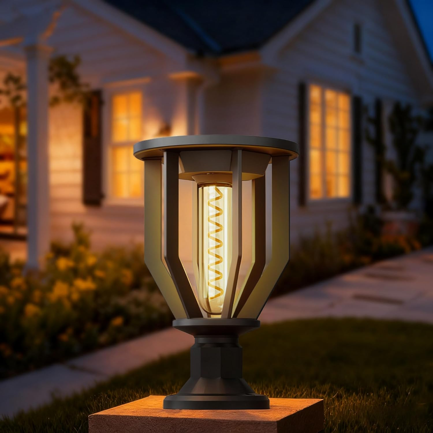 Solar Pillar Light Outdoor Waterproof, 26Cm Black Decorative Solar Post Light with 2200K Warm Spiral LED, Solar Powered Fence Post/Gate/Driveway Lantern
