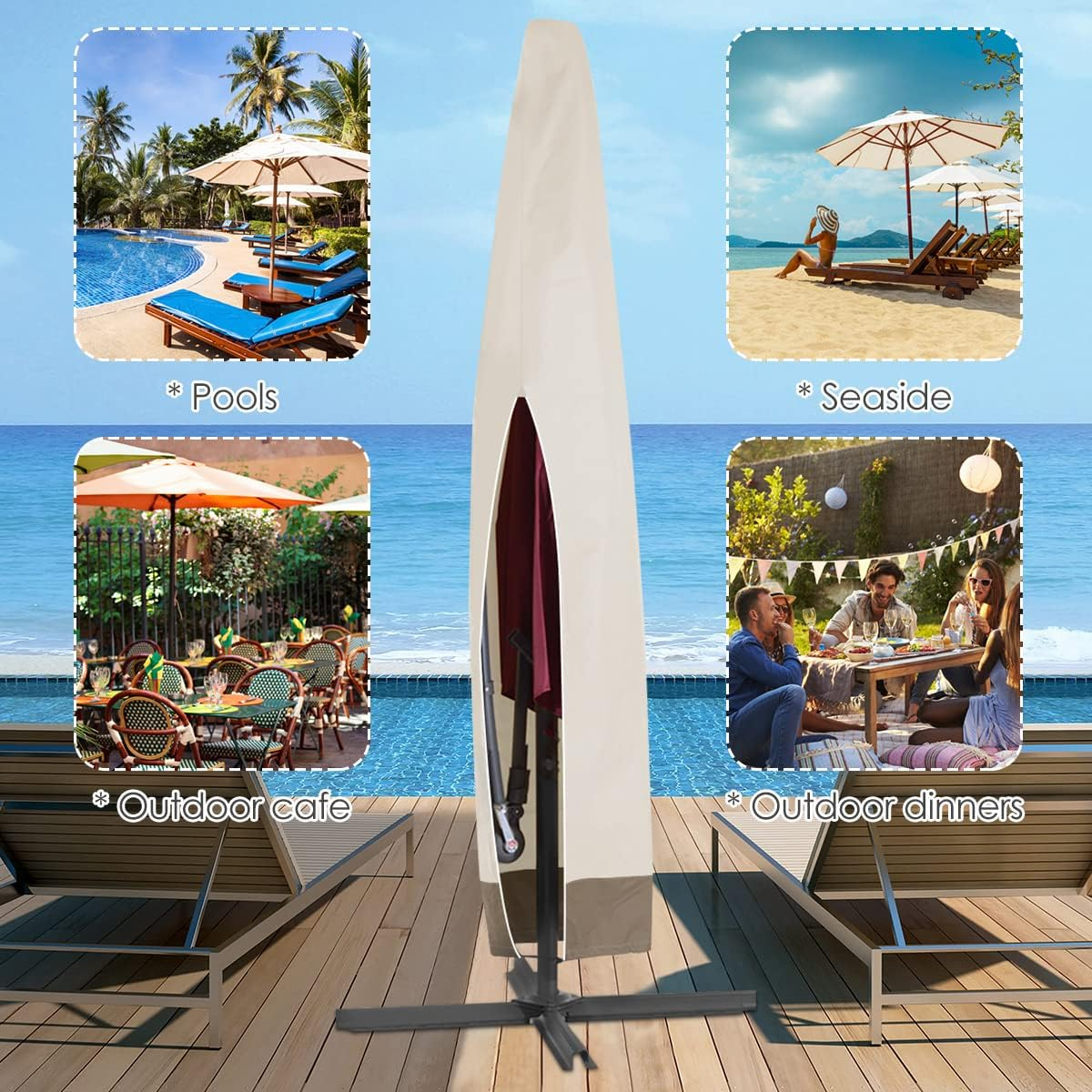 Patio Umbrella Cover Outdoor 600D Oxford Cloth Waterproof Umbrella Covers with Storage Bag Garden Parasol Cover with Drawstring for Outdoor Umbrellas (1, Beige+Coffee) image number 6