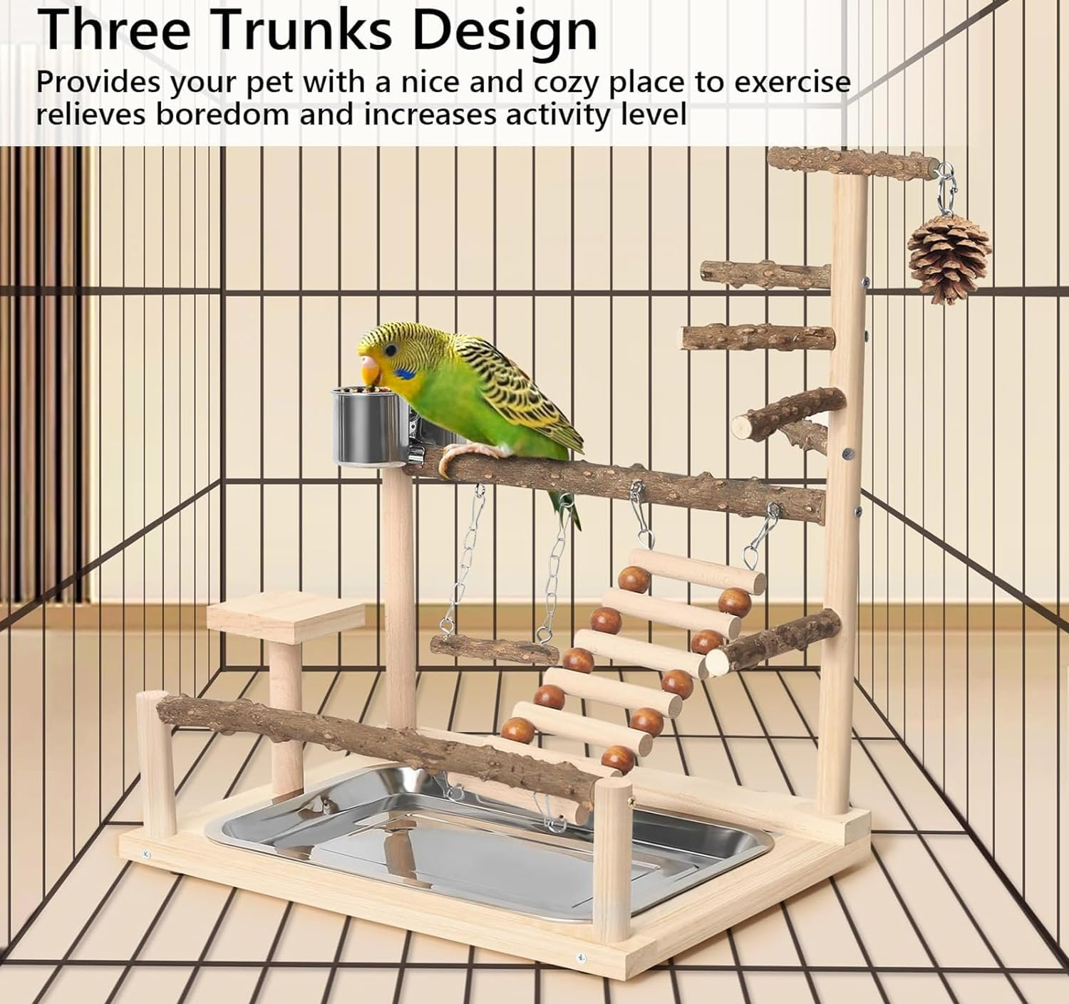 Wood Pet Parrot Playground Bird Play Stand Toys Avian Perch Avian Cage Accessory with Feeder Cups for Cockatiel Parakeet image number 4