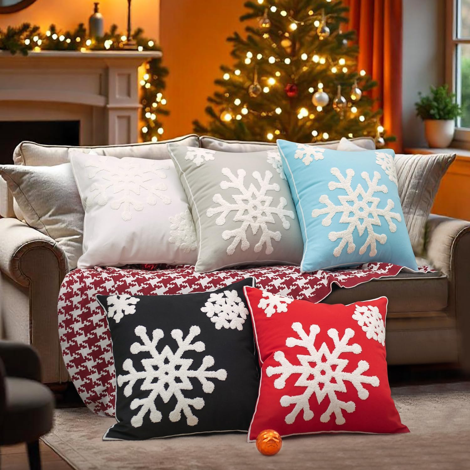 E.Life 18X18 Soft Canvas Christmas Winter Snowflake Style Cotton Linen Embroidery Throw Pillows Covers W/Invisible Zipper for Bed Sofa Cushion Pillowcases for Kids Bedding (1 Pair White) - Blue image number 6