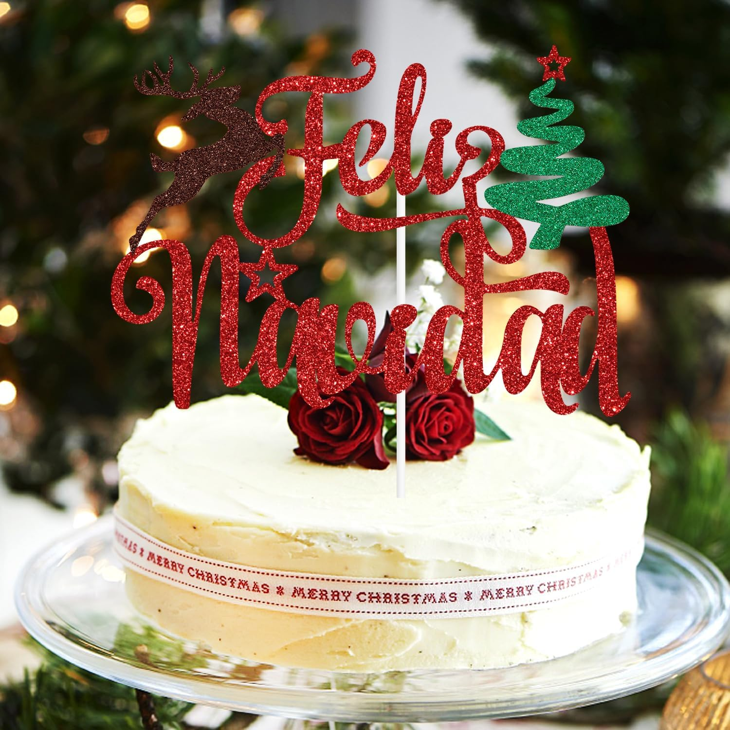 Red Glitter Feliz Navidad Cake Topper, Xmas Santa Christmas New Year Cake D&eacute;cor, Spanish Merry Christmas Themed Holiday Party Decorations Supplies image number 2