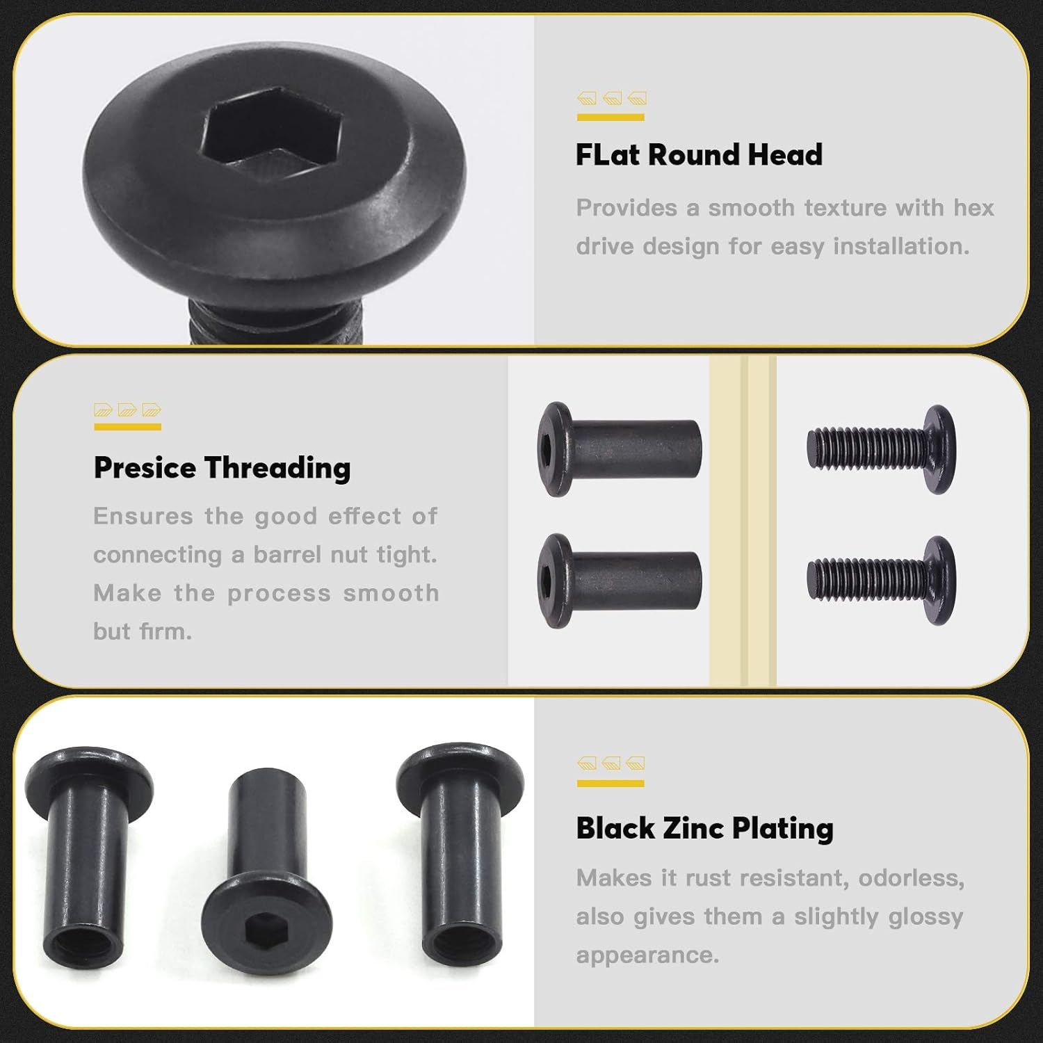 120Pcs 5 Sizes M6X16Mm/20Mm/25Mm/30Mm/35Mm Black Hex Socket Cap Bolts and Barrel Nuts Assortment Kit, Crib Bolts Flat Head Binding Bolt Screw Post for Belt Buckle Leather Furniture