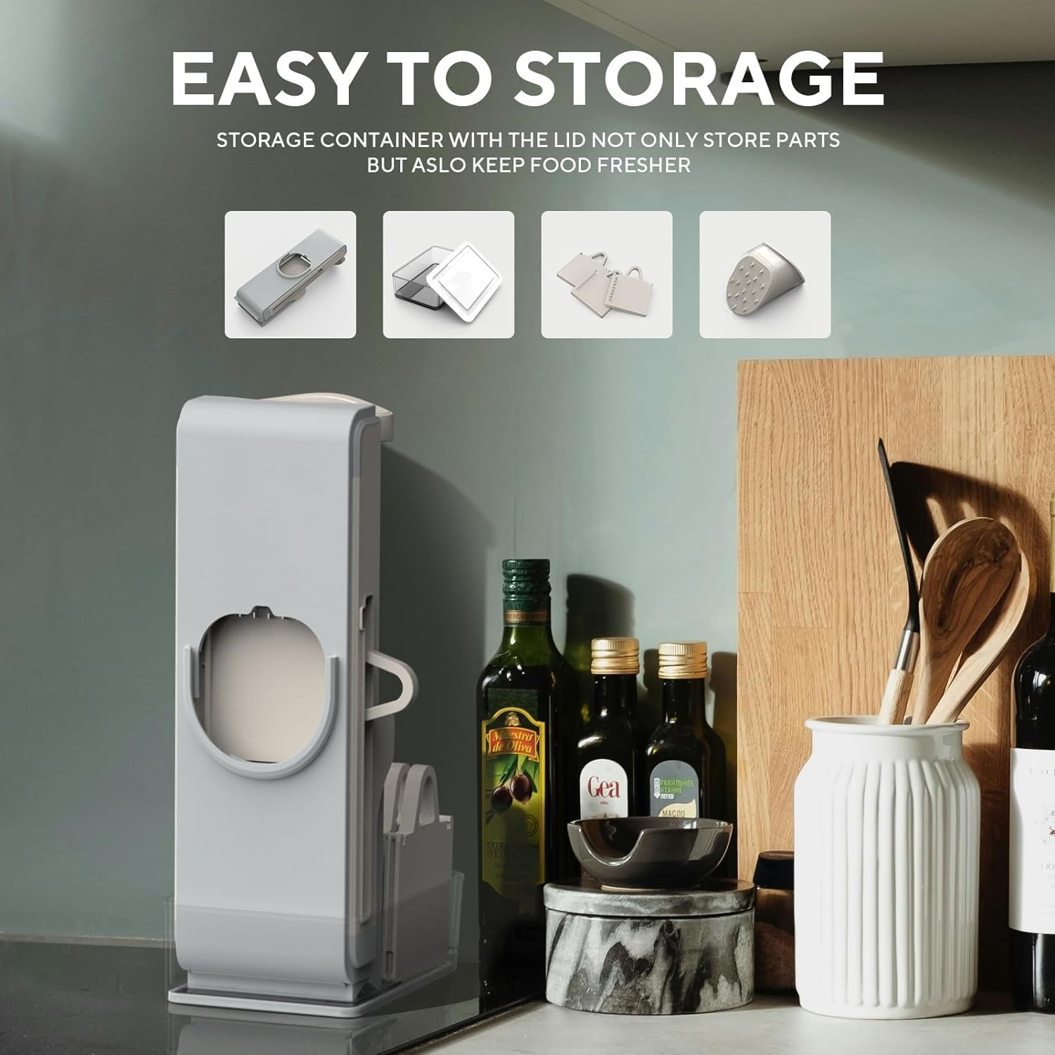 Upgrade Safe Mandoline Slicer for Kitchen - Multifunctional Vegetable Salad Chopper, Potato Cucumber Slicer, French Fry Cutter, Professional 3 in 1 Veggie Food Chopper with Container (Light Grey) image number 6