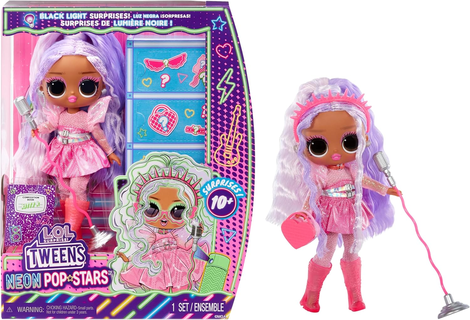 L.O.L. Surprise! Tweens Neon Pop Stars - Kitty K - 1 Fashion Doll, with Backlight Surprises and 10+ Pop Star Fashions and Accessories Including Retro Mic Stand, Ideal Present for Kids Ages 4+ image number 3