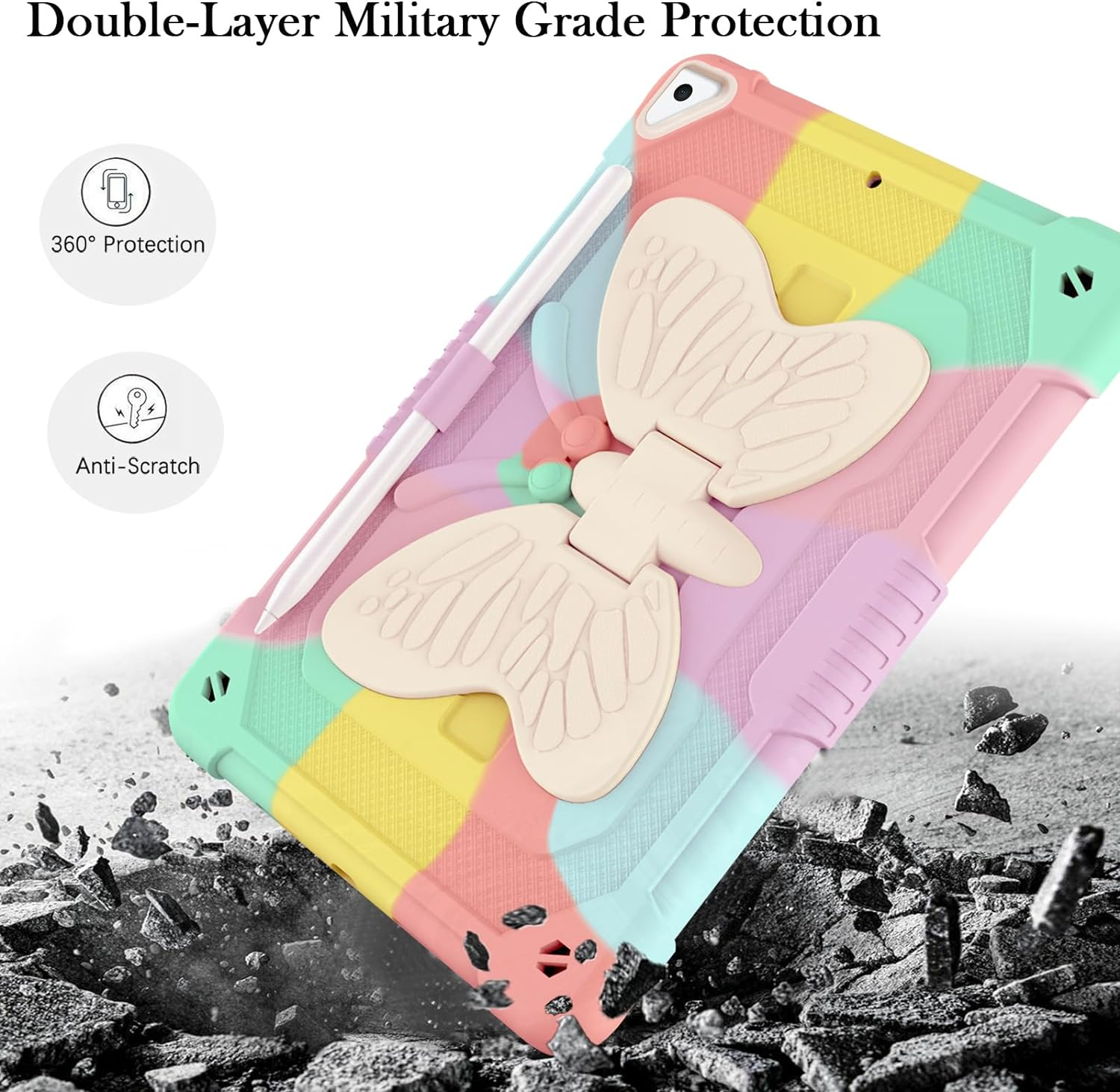 ROUMAYMAY for Ipad 9Th 8Th 7Th Generation Case Kickstand Butterfly Wings, for Ipad 10.2 Case (2021/2020/2019) for Ipad Air 3 10.5 Pencil Holder Shockproof Protective Cover Kids Girls, Colorful Pink image number 3