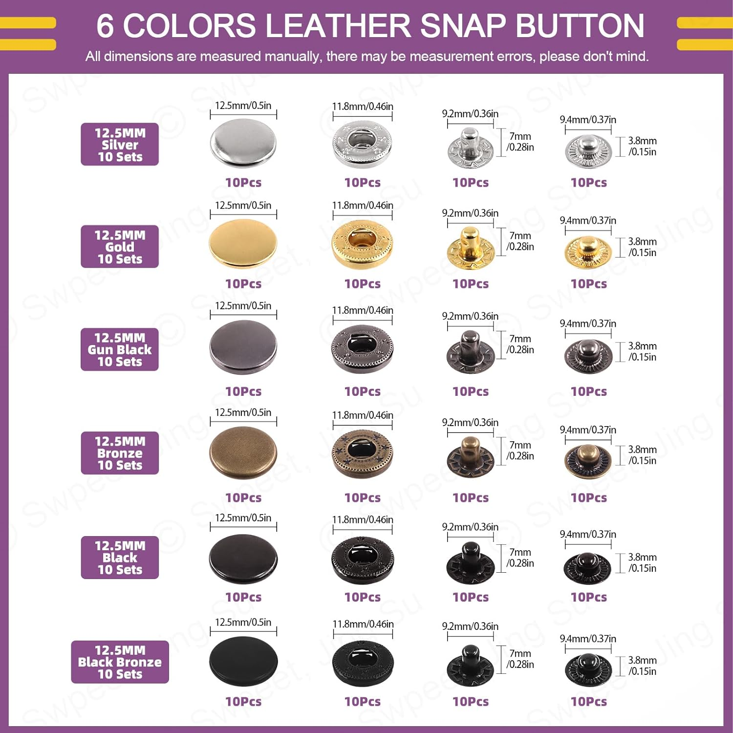 Swpeet 60 Sets 12.5Mm Leather Snap Fasteners and Hole Punch Pliers with 4Pcs Fixing Tools Assortment Kit, Leather Snaps Metal Snaps Metal Button Snaps Press Studs for Clothes, Jackets, Jeans image number 5