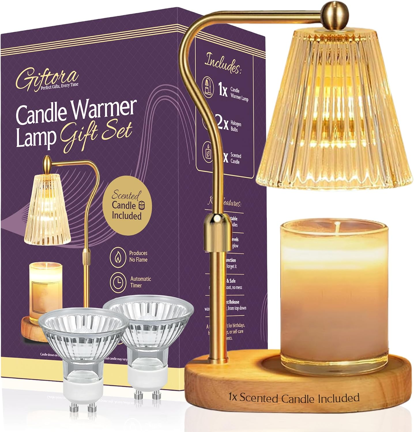 Adjustable Candle Warmer Lamp Gift Set with Scented Candle &ndash; Electric Wax Melt Lamp with 4-Level Dimmer & Timer (2/4/8H), Bedside Table Lamp, Home Decor Gift image number 1