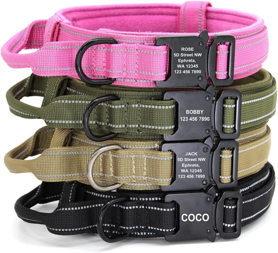 Personalised Tactical Dog Collar with Heavy Duty Metal Buckle Soft Flannel Padded Reflective Military Collars with Control Handle Adjustable Nylon K9 Collar for Medium Large Dogs (BLACK,L) image number 2