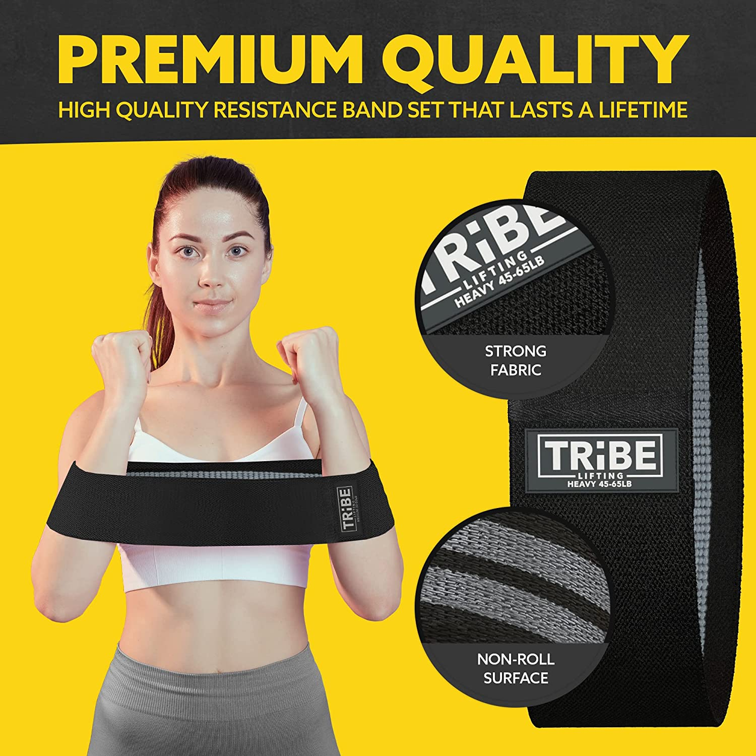 Tribe Lifting Resistance Hip Bands | WOD Leg Band for Hip Work Out or Physical Therapy | Resistance Loops, Stretchable Fabric, Non-Slip Elastic Grippy Inner Layer | Men and Women | Black image number 3