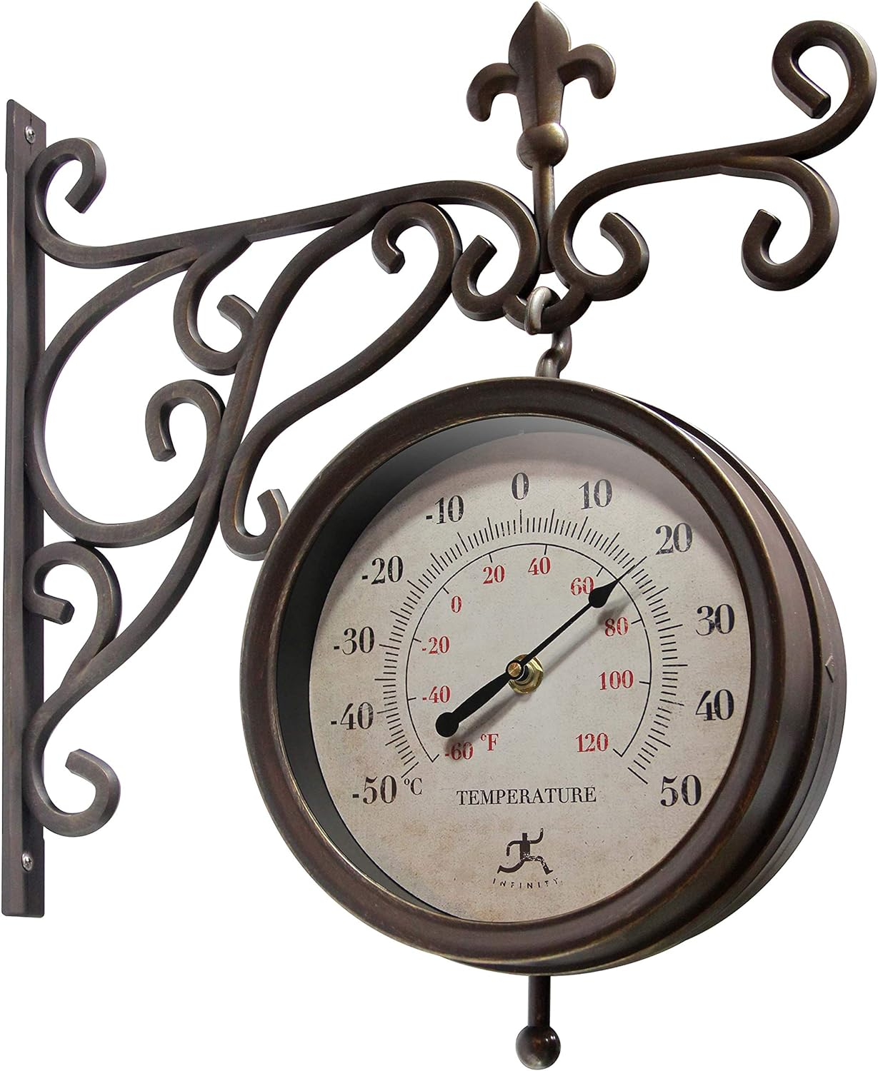 Infinity Instruments Beauregard 8 Inch Outdoor Clock Thermometer Combo for Patio Porch Garden Outdoor Decorative Double-Sided Resin Clock Thermometer Wall Hanging with Bracket image number 5