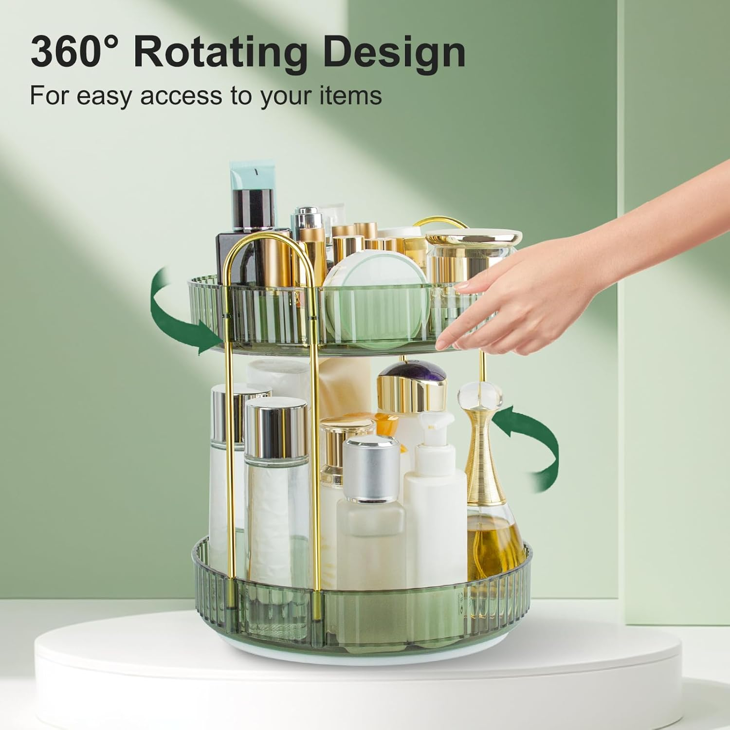 360 Rotating Makeup Organizer for Vanity, 2 Tier Perfume Skincare Organizers and Storage for Bathroom Countertop, Large Capacity Clear Spinning Counter Cosmetic Holder for Dresser, Green image number 5