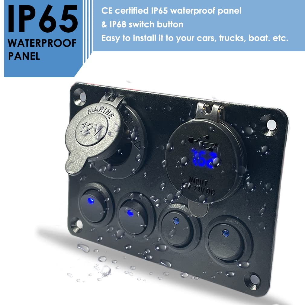 Toggle Switch Panel with USB C, IP65 Waterproof Aluminum Panel, USB Charger + Lighter Socket + Digital Voltmeter, 4 Gang 12V/24V Rocker Switches Builtin 15A Fuse for Car Boat RV Vehicles Truck Marine image number 2