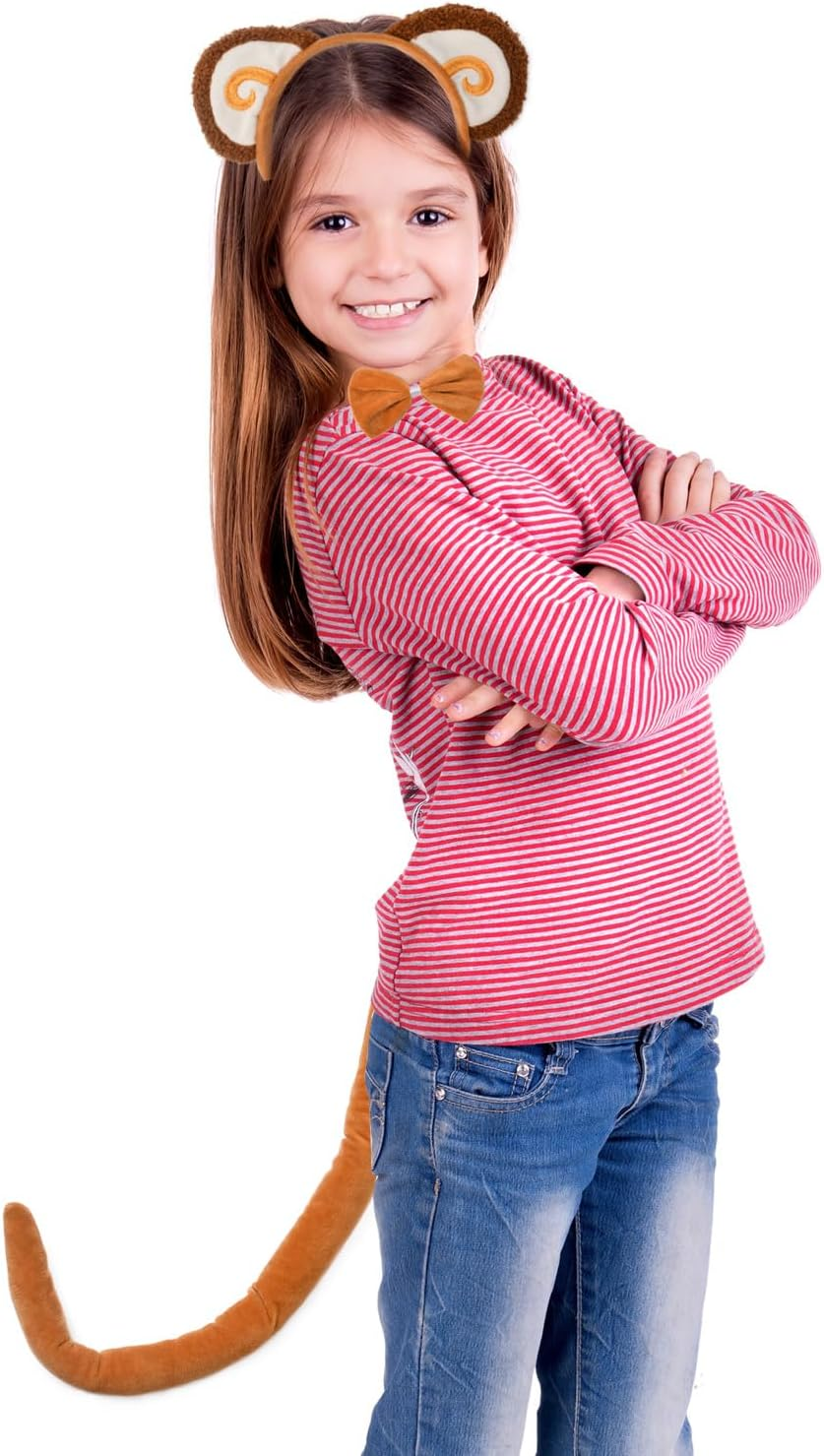 HODRME 3 Pieces Monkey Ears and Tail Set-Orange Monkey Headband Tail Bow Tie Cosplay Party Costume Accessoies for Kids and Adults image number 2