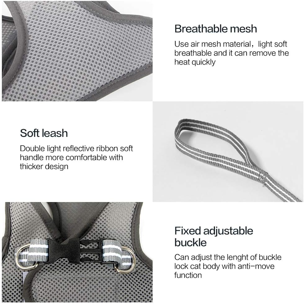 Dotoner Cat Outdoor Walking Harness Set, Pet Vest Cat Harness Breathable Mesh, Adjustable Reflective Cat Chest Straps with Escape Proof Buckle (L (Pack of 1), Grey) image number 6