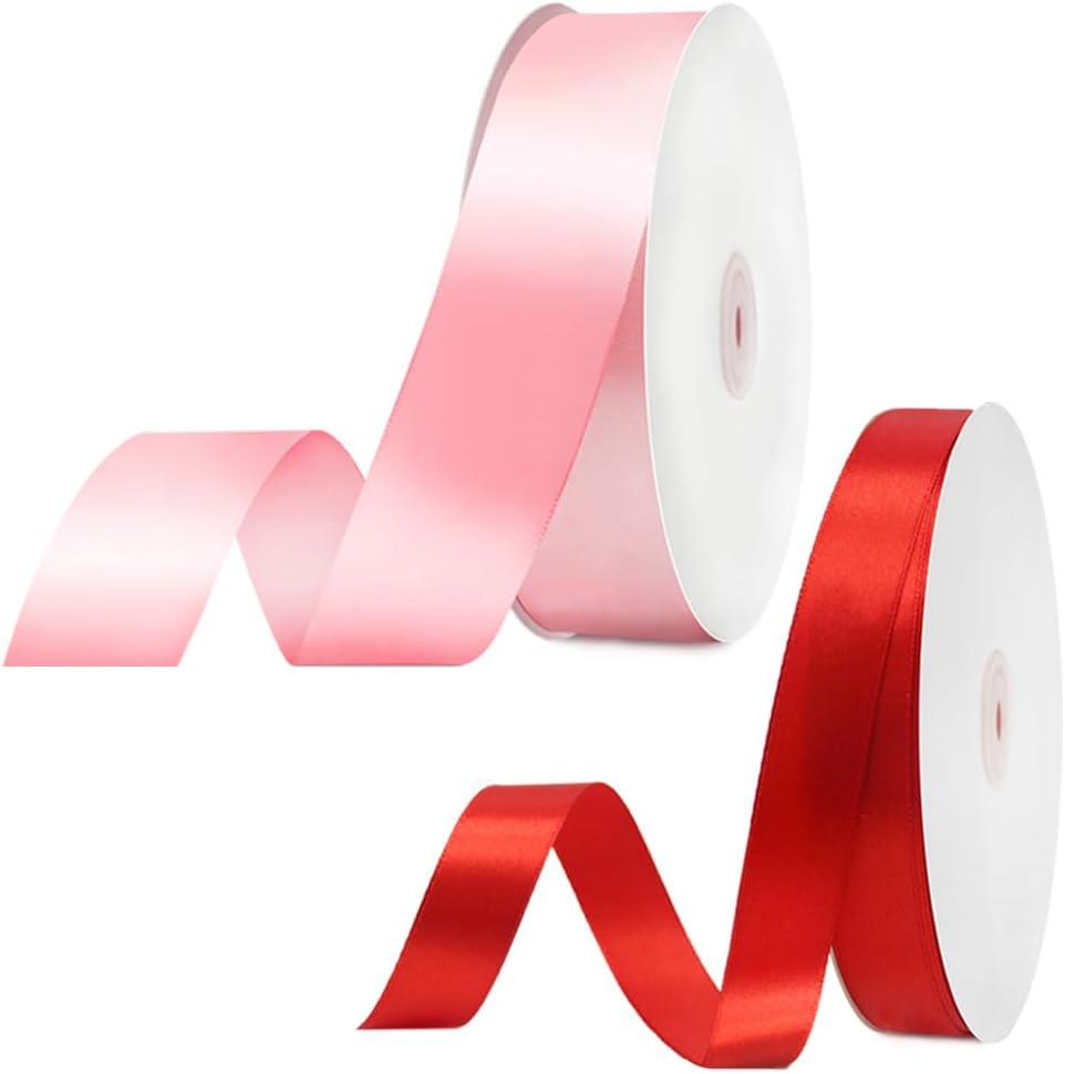 2 PCS Ribbon for Gift Wrapping, AIFUDA Satin Ribbon 100 Yards 1.57Inch Pink Ribbon 100 Yards 0.79Inch Red Ribbon for Flower Bouquet Wedding Party Decoration image number 2