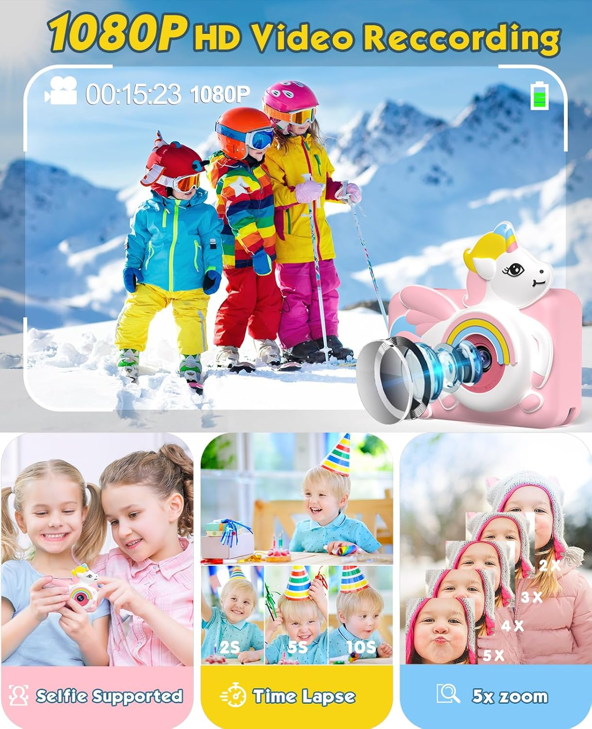 Bluefire Kids Selfie Camera, Mini 2 Inch Screen HD Digital Camera for Kids with 32GB SD Card & Cartoon Silicone Soft Cover for 4-9 Year Old Girls/Boys(Pink) image number 4