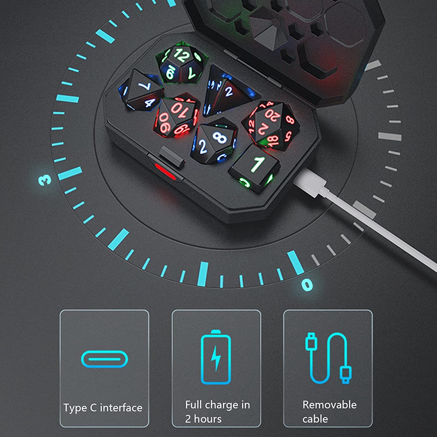 DND Rechargeable LED Light up Dice Set with Charging Box - 7 PCS Electronic Polyhedral Dice for Dungeons and Dragons, Tabletop Games, D&D, MTG, Pathfinder, RPG - Glowing