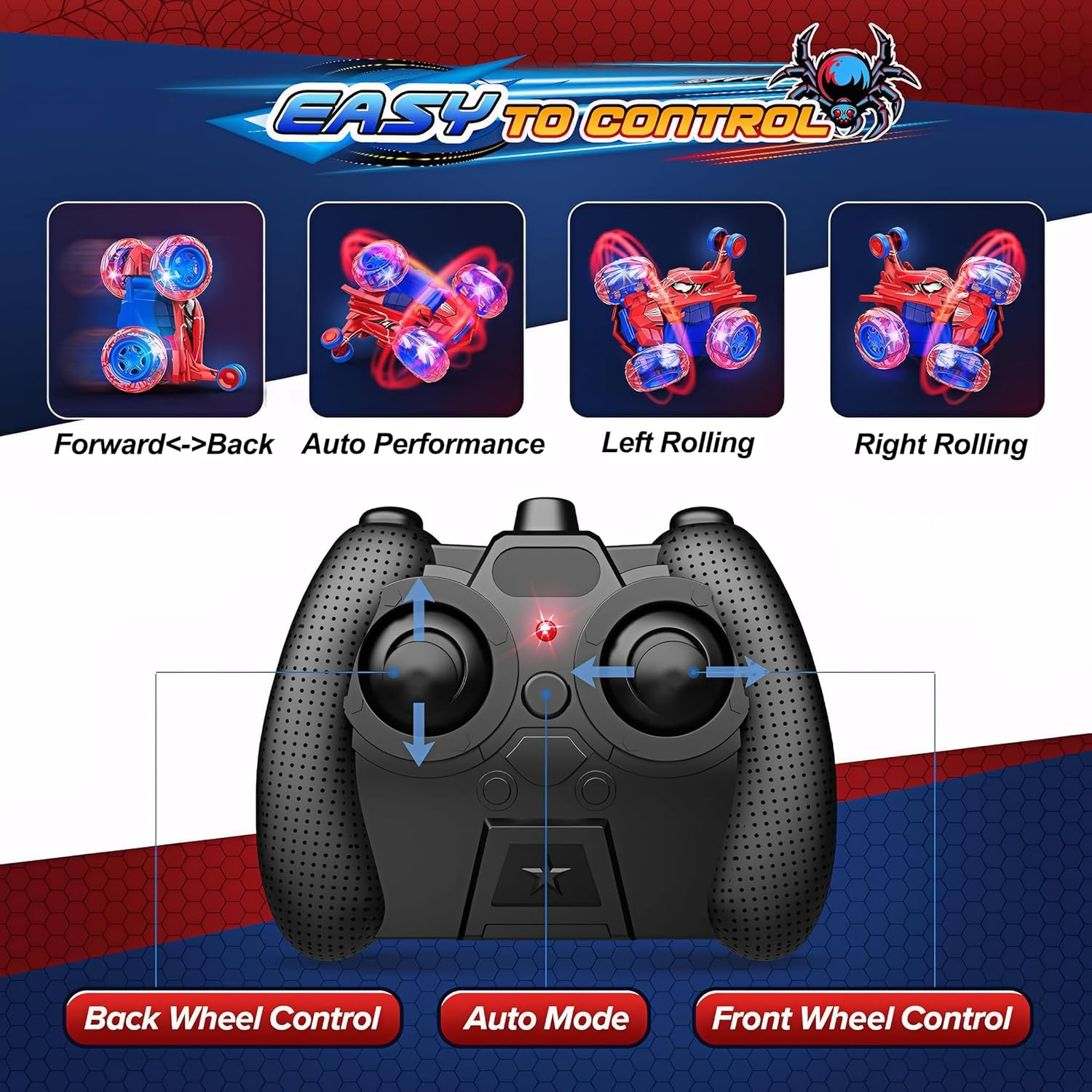 Spider Remote Control Stunt Car, 360&deg; Rotating 4WD Off-Road Double Sided RC Car with Cool Light for Kids Boys Girls Birthday Gift Age 3 4 5 6 7 8 image number 6